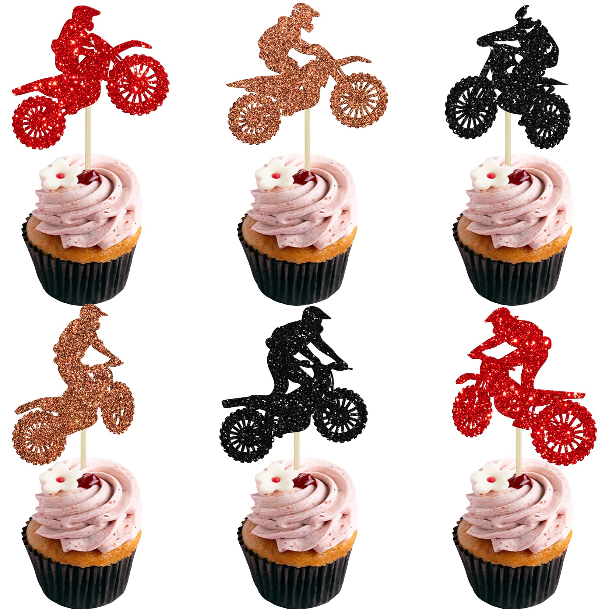 Gyufise 24Pcs Motorcycle Cupcake Toppers Glitter Motocross Dirt Bike Party Cupcake Picks for Sports Theme Man Boy Birthday Party Cake Decorations Supplies Multi
