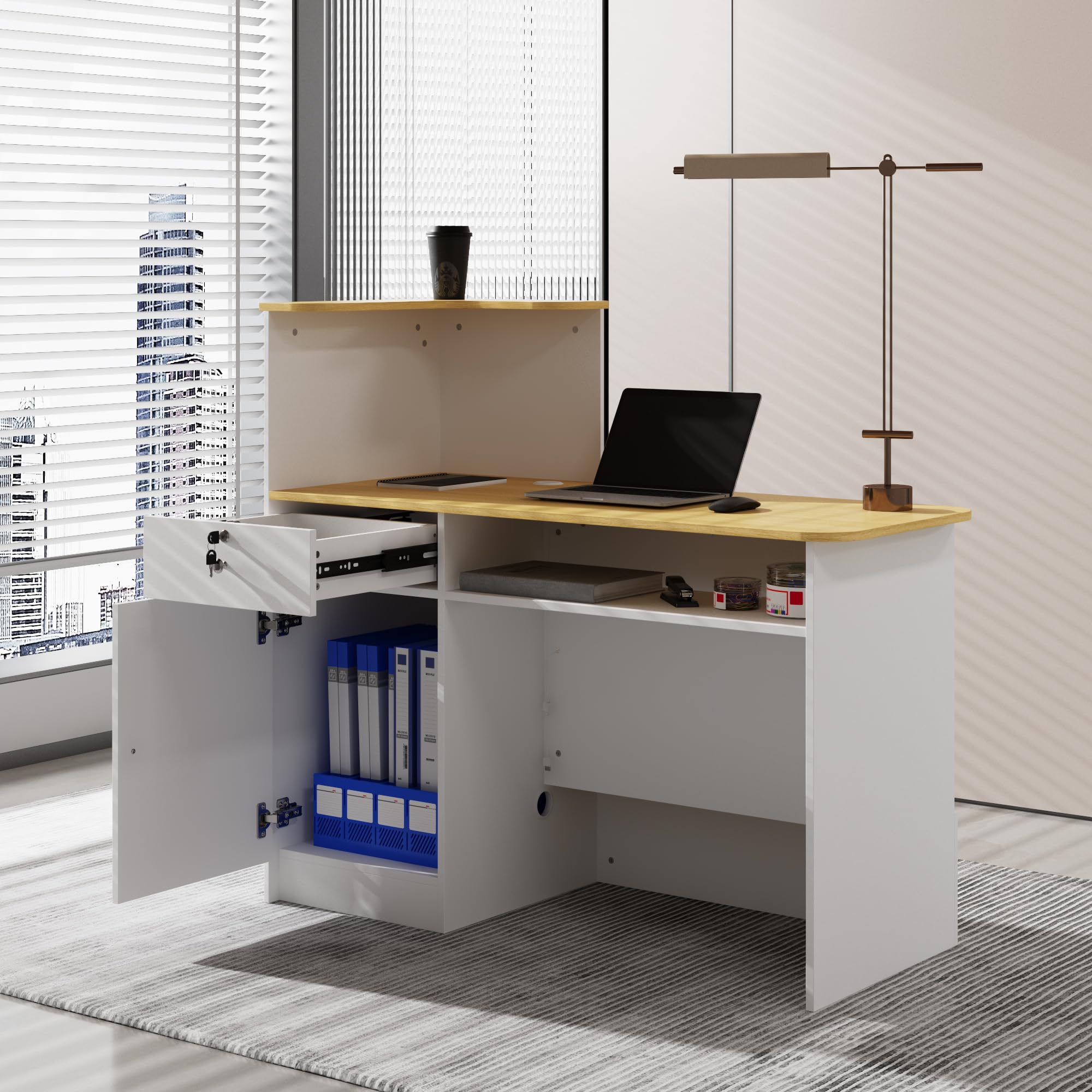 Banco reception, tavolo da reception, bancone con illuminazione a 3 colori, tavolo reception con 1 cassetto e 1 armadio, bancone con area espositiva aperta con 2 scomparti bianco + legno naturale