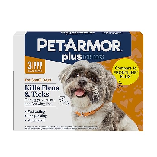 PetArmor Plus Flea and Tick Prevention for Dogs, Dog Flea and Tick Treatment, Waterproof Topical, Fast Acting, Small Dogs (5-22 lbs), 3 Doses