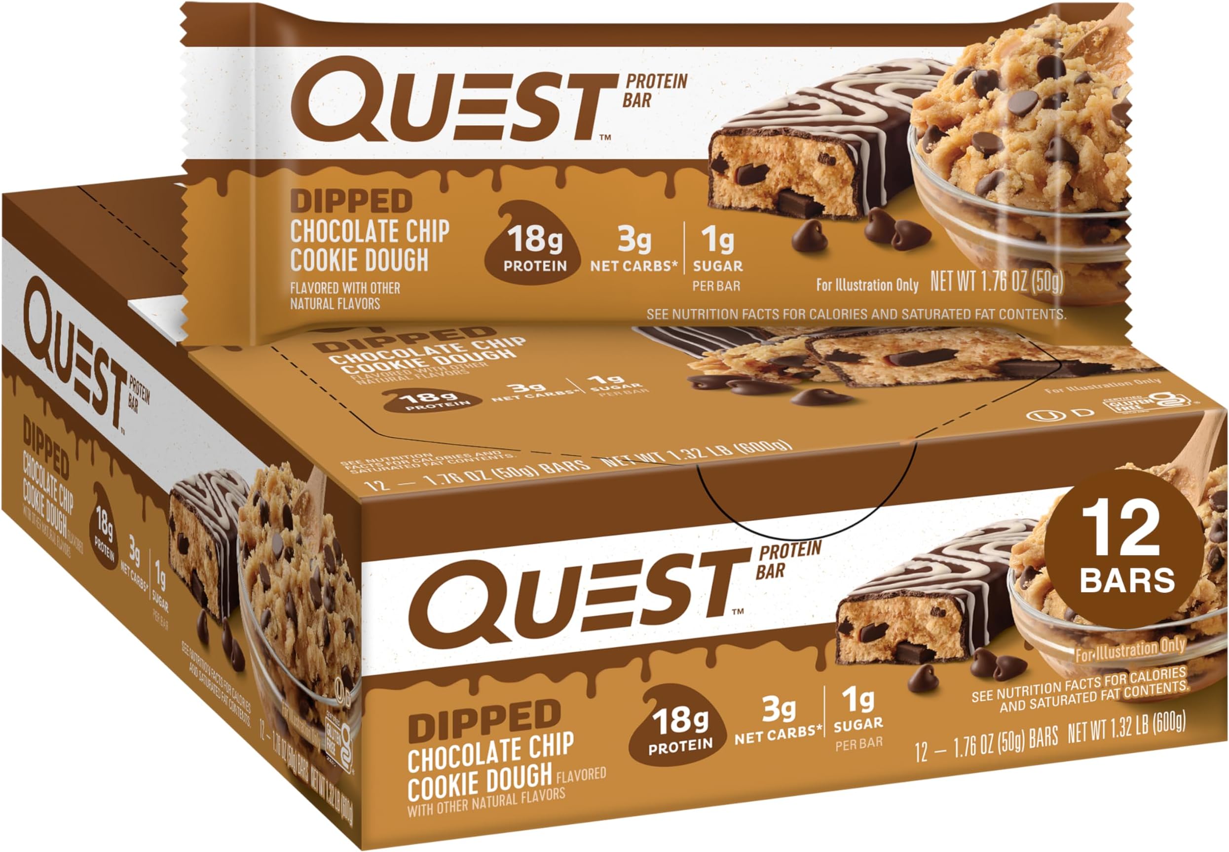 Quest Nutrition Dipped Chocolate Chip Cookie Dough Protein Bars, 1.76 Oz, 12 Ct