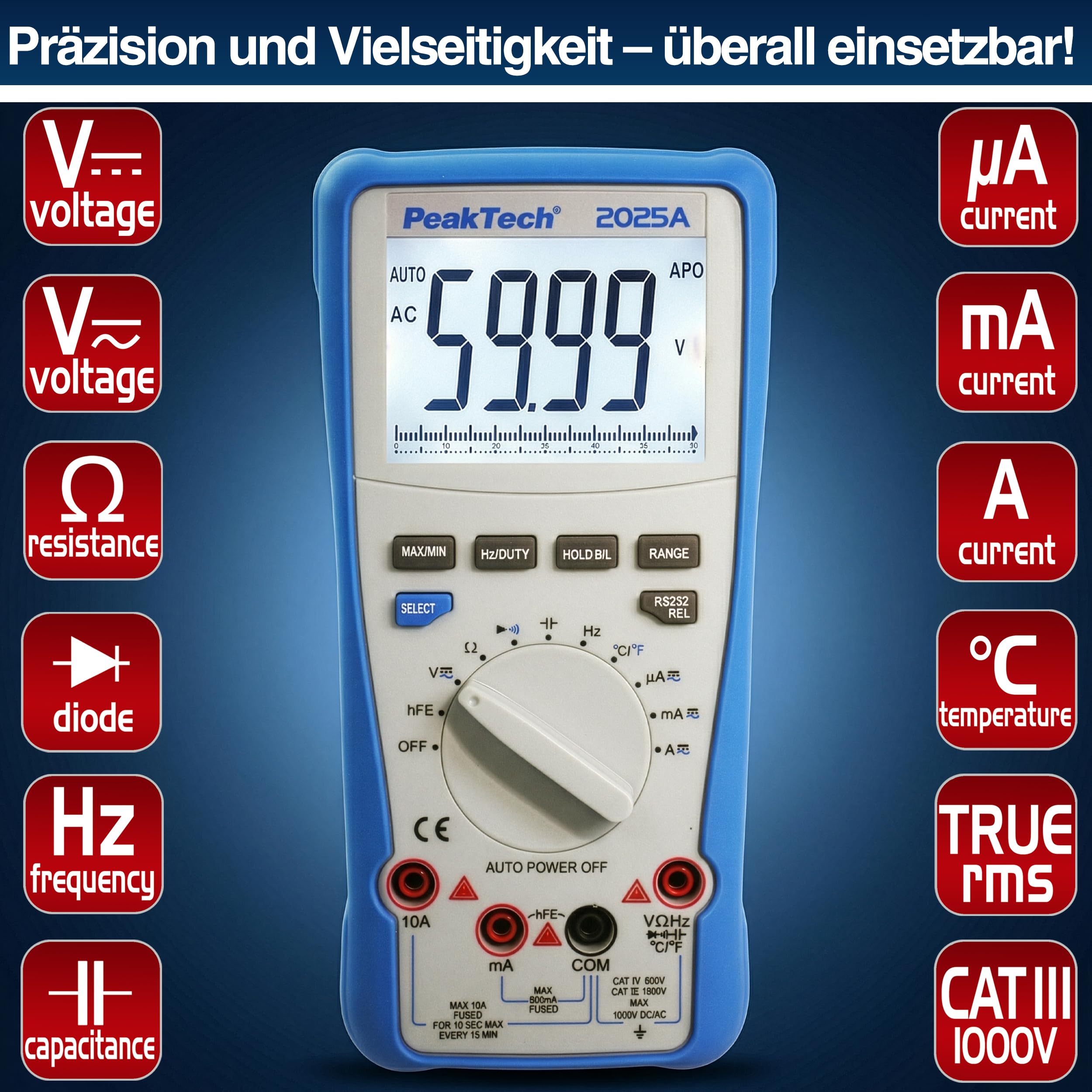 PeakTech P 2025 A True RMS 1000 V multimetr cyfrowy 6000 zliczeń USB