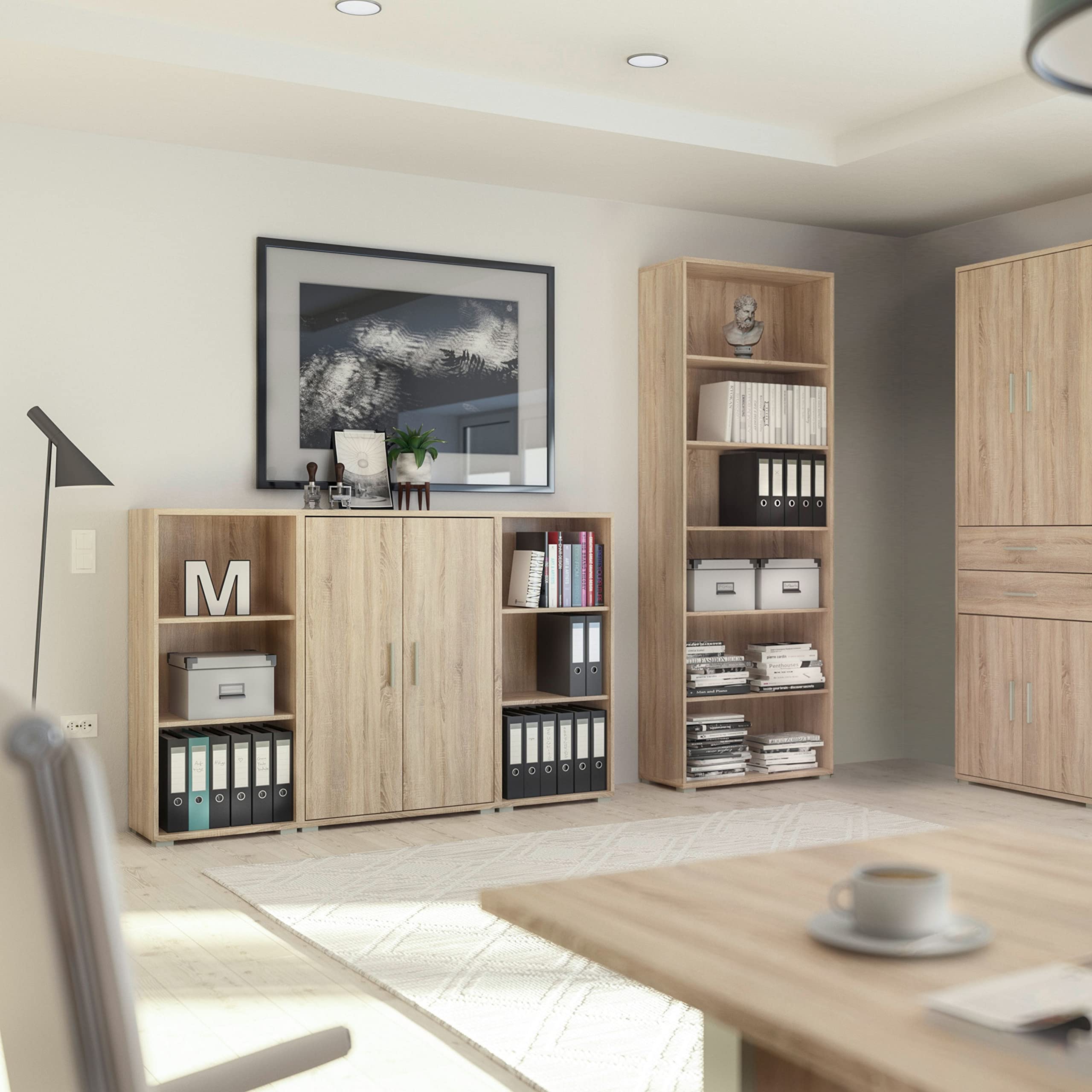 Stella Trading OFFICE LINE, Libreria archivio in simil rovere Sonoma, libreria larga a 2 ante e con 6 vani a giorno, set completo di mobili elegantei per l’ufficio, 184 x 114 x 35 cm (L x A x P)
