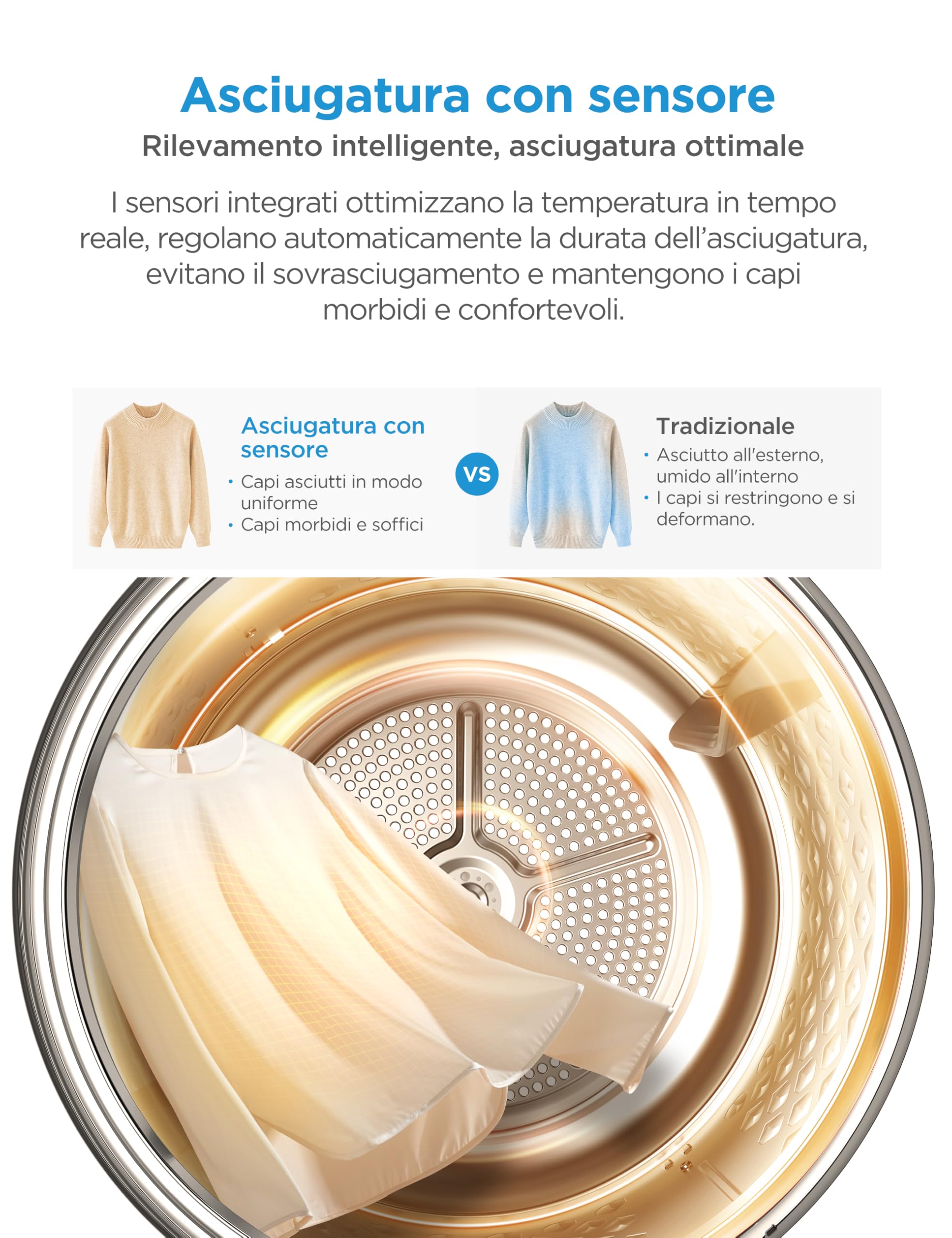 Midea Asciugatrice 8 Kg a Pompa di Calore, Libera Installazione, Classe A++, Asciugatura Veloce,Wool Refresh,15 Programmi,60 x 60 x 85 cm, Bianca - MD11EH80D