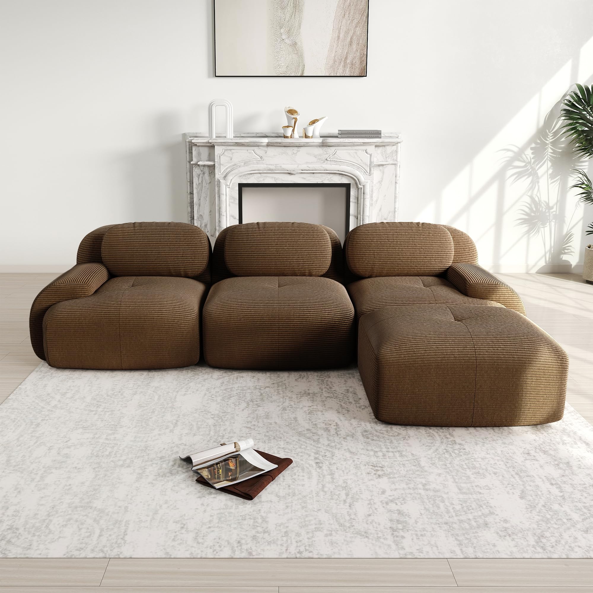 Sapgaks Canapé d'angle convertible, canapé de 2 à 4 places, canapé modulable compressible, peut être combiné librement avec accoudoirs et repose-pieds, velours (marron 3 places-L)