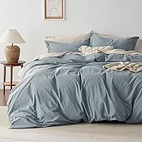 Bedsure Queen Washed 100% Cotton Duvet Cover Set - Dusty Blue Linen-Like Soft Bedding, 3 Pieces All-Season Breathable (90x90")