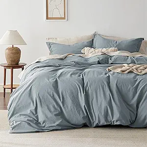 Bedsure 100% Washed Cotton Duvet Cover Queen Size - Dusty Blue Minimalist Cotton Bedding Linen Like for All Seasons - GentleSoft™ Plain Simple Duvet Cover, 3 Pieces (Dusty Blue, Queen, 90"x90")