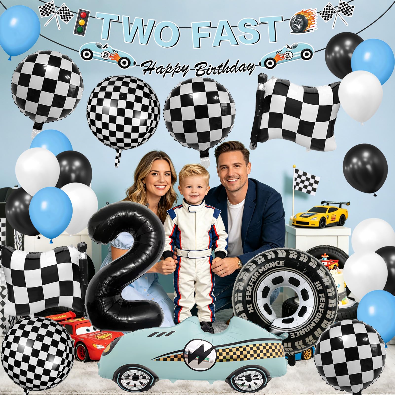 DIWULI Race-thema Verjaardagsdecoratie – Set Met XXL Nummer 2 Ballon, Raceballon, Sterballon En 4 Latexballonnen – Voor De 2e Verjaardag Van Een Racefanaat
