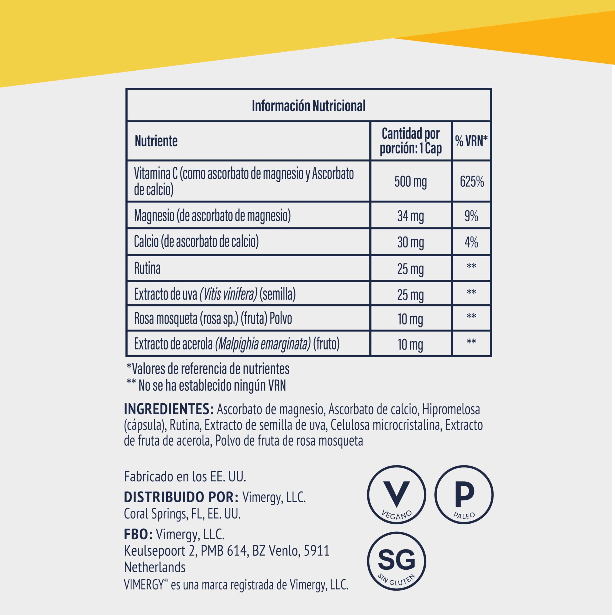 Vimergy Micro-C Vitamina C Cápsulas – 300 Dosis de Prueba – Vitamina C 500mg en Forma Menos Ácida – Escaramujo – Ayuda al Sistema Inmunológico y Musculoesquelético - Sin Gluten - Kosher - Vegano