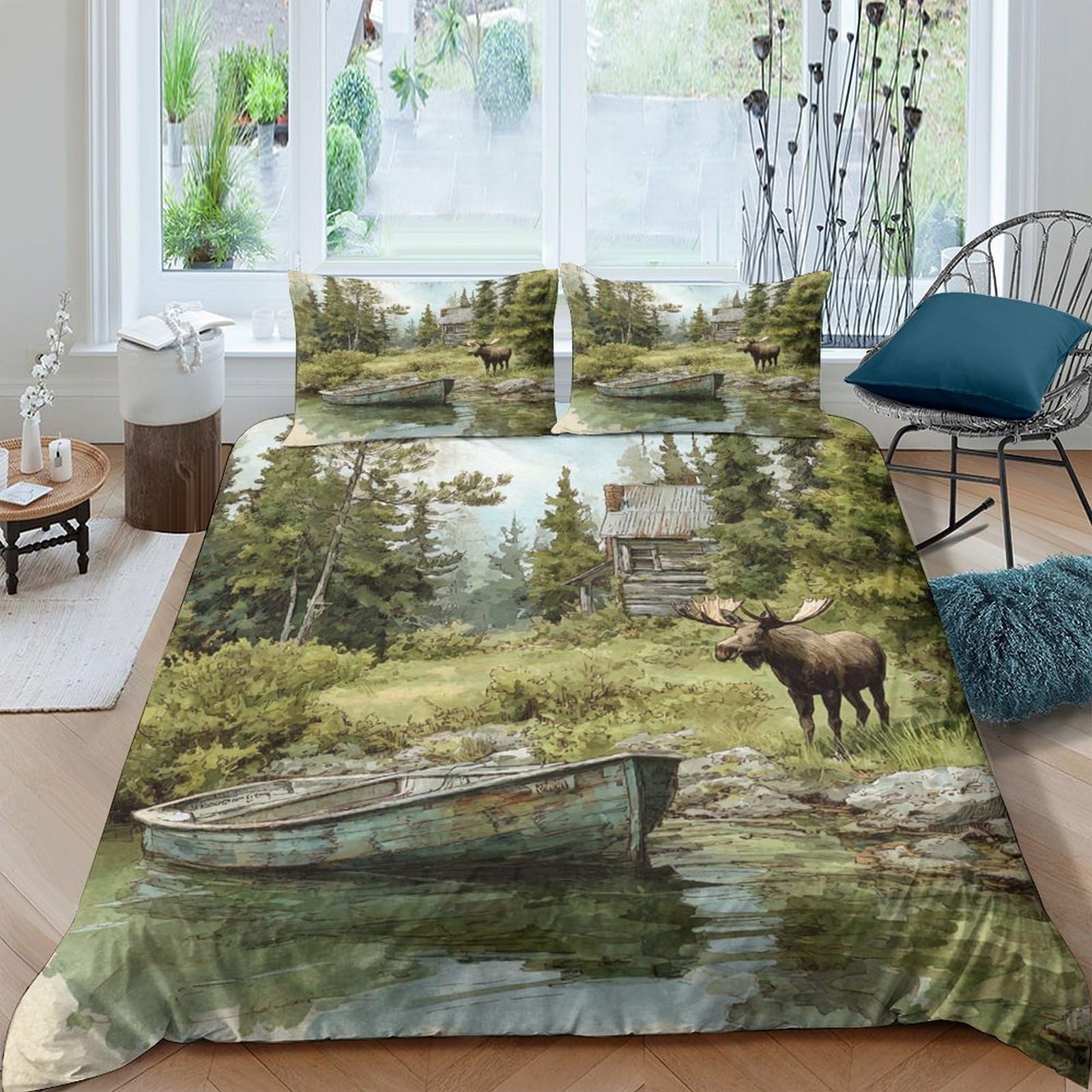 GPLZQXKJNH 3D Printed Forest Landscape Duvet Cover Microfiber Bedding Set Cabin Lake Scene with 2 Pillowcases for Bedroom Home Single（135x200cm）