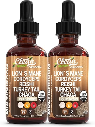 Clean Nutra - Suplemento de hongos líquido en gotas con melena de león, cola de pavo Cordyceps Reishi Chaga Shitake Maitake Tremella Setas Ostra,