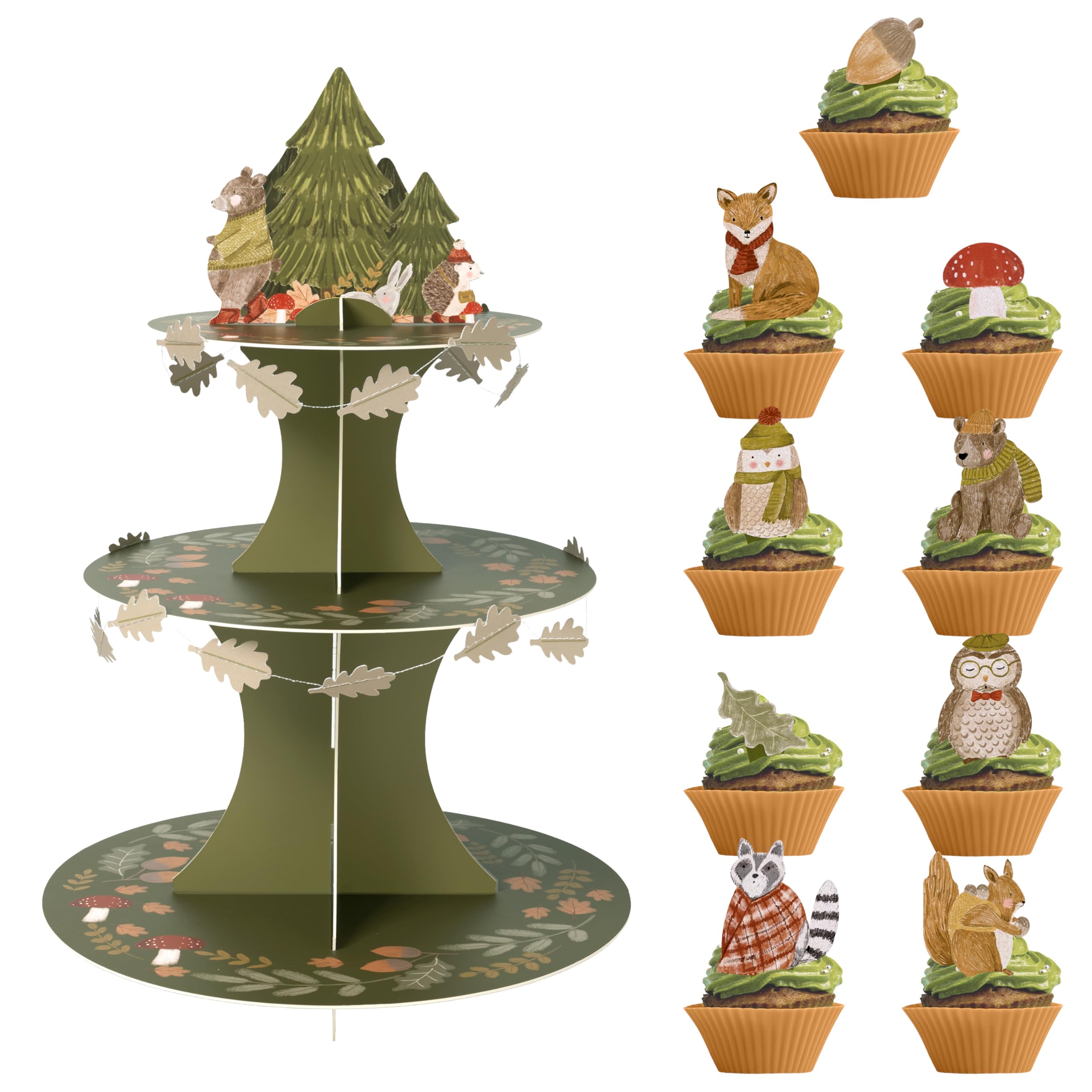 Cheerland Woodland Cupcake Stand Forest Party Decorations Pine Tree Camping with Toppers Dessert Holder Forest Animal Cake Topper Woodland Theme Baby Shower Decor Kids Birthday Party Supplies 24 pcs
