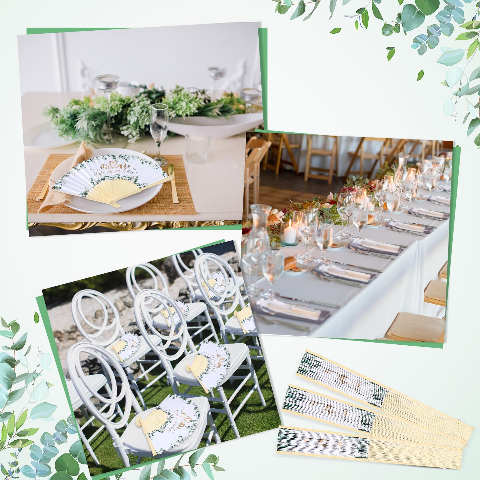 Namalu Hochzeit Handfächer Gastgeschenk Weiß Papierfächer Eukalyptus Faltbarer Taschenfächer mit Organzabeutel Bambus Klappfächer 30 Stück