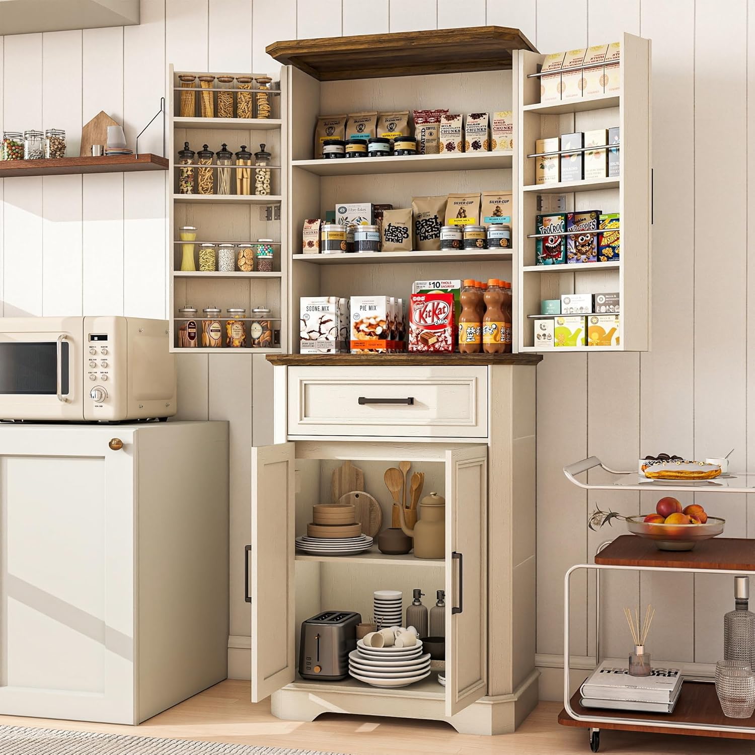 72" Kitchen Pantry Storage Cabinet, Tall Freestanding Food Pantry with 4 Doors and Drawer, Farmhouse Hutch Cabinet with Door Spice Racks & Adjustable Shelves for Kitchen,DiningRoom,White