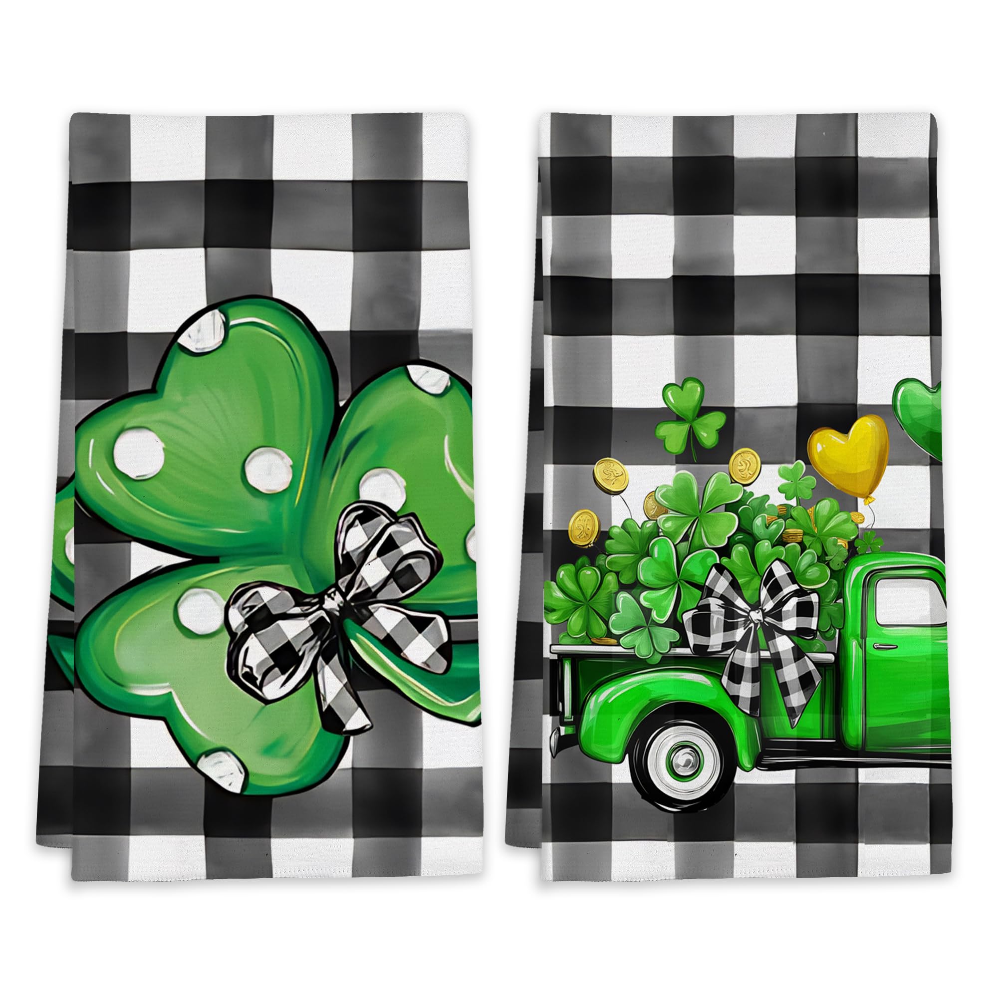LUOENY Tea Towels - Set of 2 Lucky Shamrocks Buffalo Plaid Hand Towels Absorbent Reusable Dish Cloths for Kitchen Home, Living Room Dining Room Decor, 45x60 cm