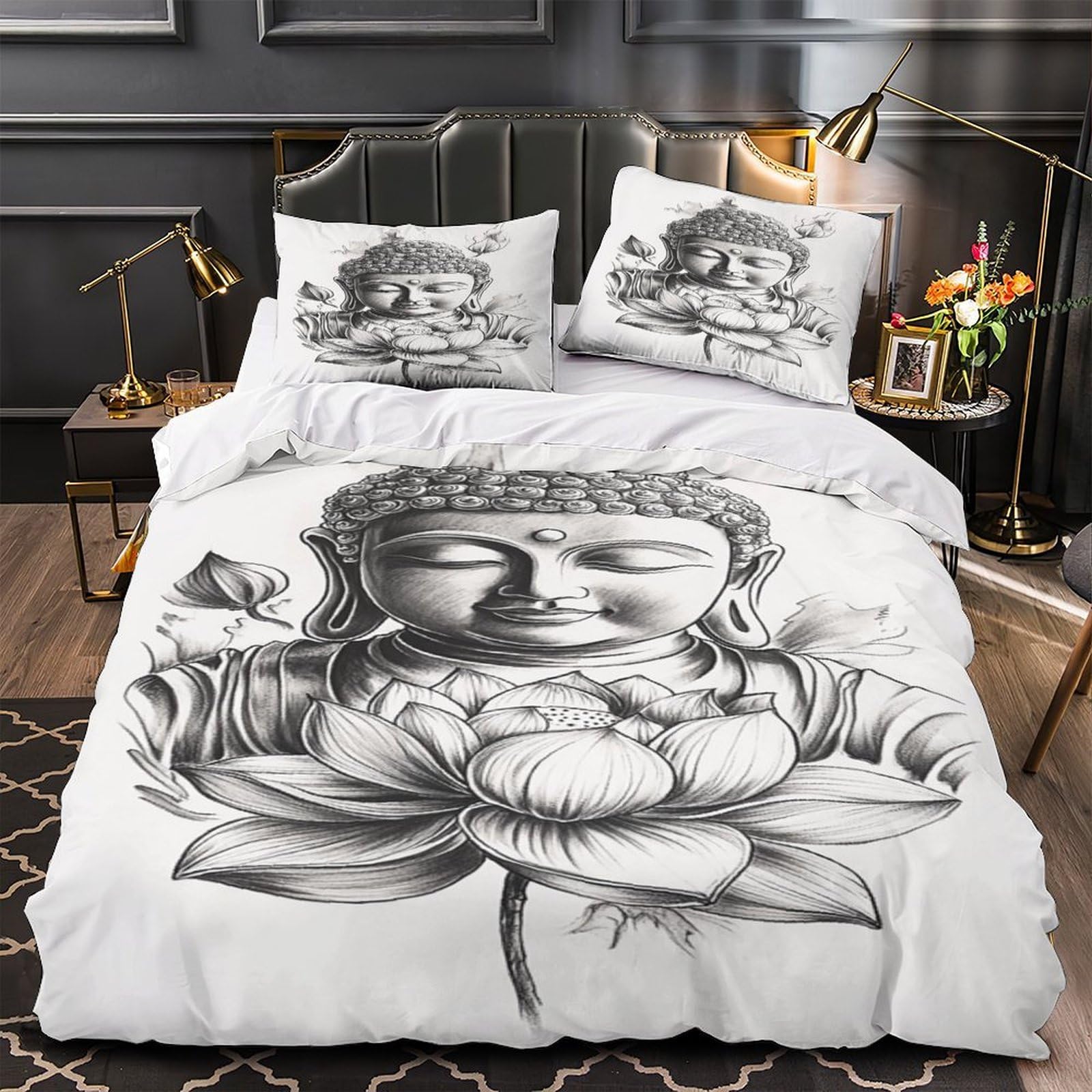 Parure de lit Bouddha 140x200cm housse de couette microfibre hypoallergénique 3D pour adulte