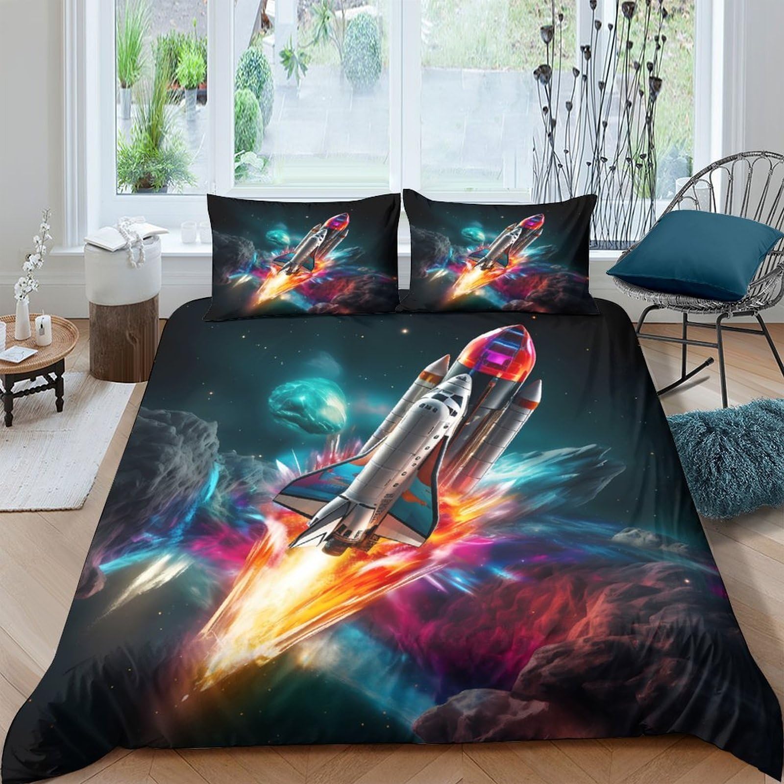 Ctjqhvkz Style-7 3D Printed Rocket Launch Fitted Sheet Microfiber Soft Bedroom Decor Cosmic Space Nebula Mattress Cover Washable Anti-Slip Single（135X200cm）