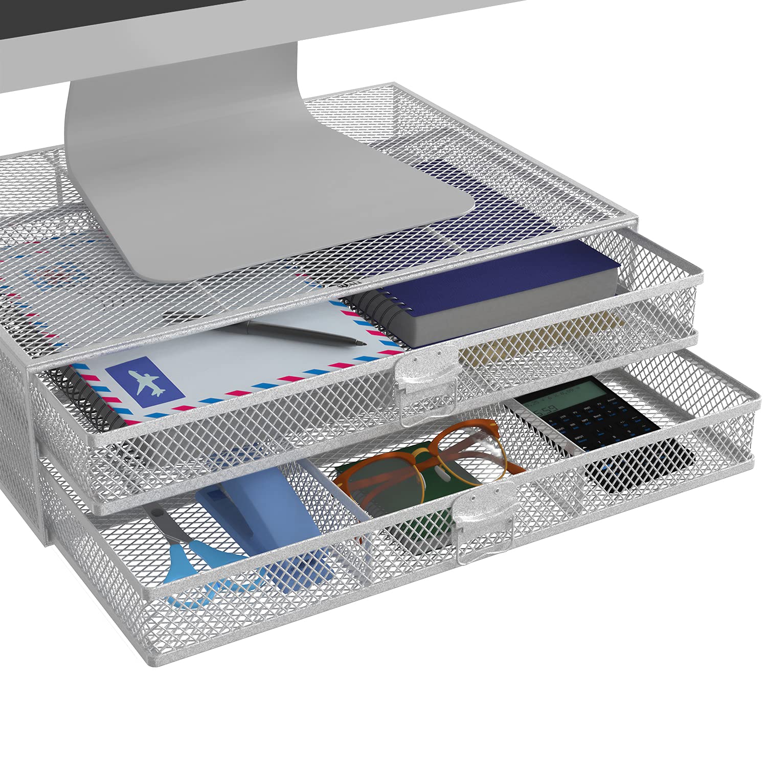 Photo 1 of WALI Metal Mesh Monitor Riser Desktop Stand with Storage Drawers for Computer, Laptop, LED, LCD, OLED Flat Screen Display, and Printer (STT006-S), Silver