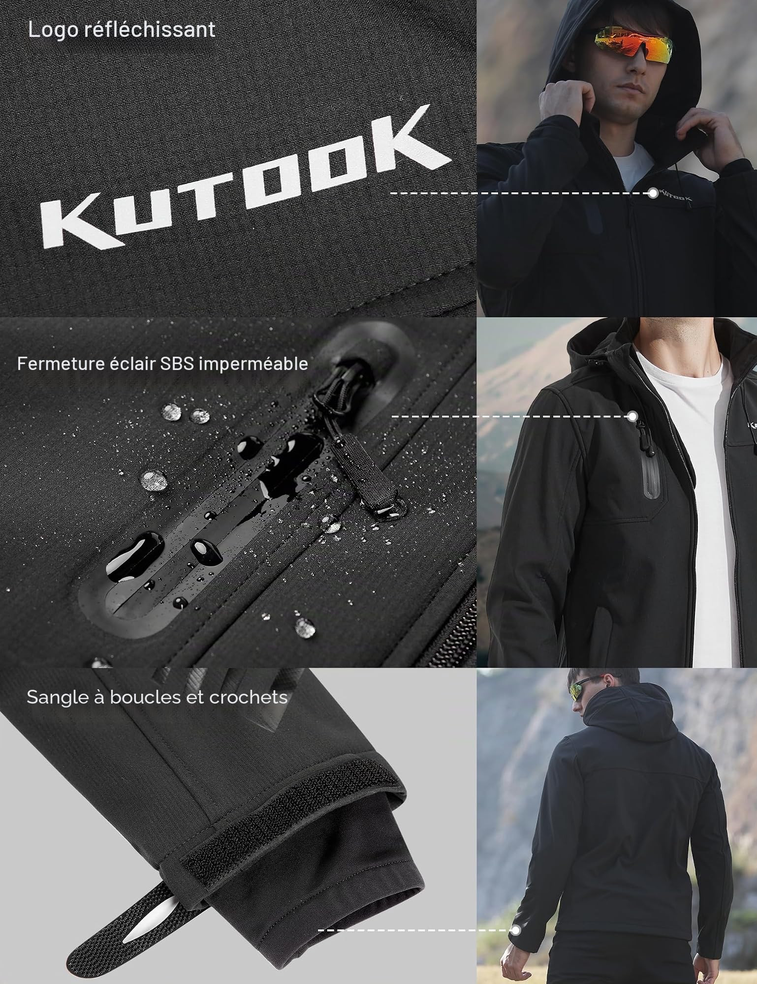 KUTOOK Veste Softshell Homme Hiver Blouson pour Randonnée Chauffante à Capuche Coupe-Vent Imperméable Blouson Chaud Thermique Velo VTT Jogging Sport de Plein Air HC001
