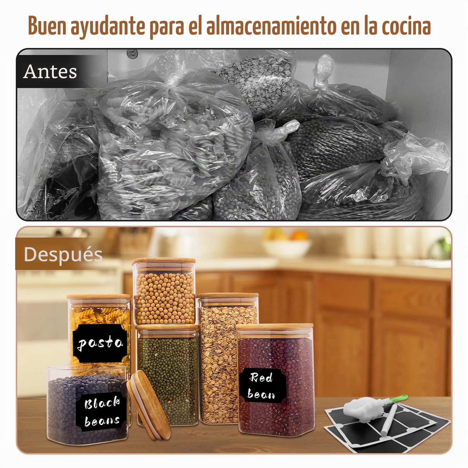 Withosent Juego de 6 tarros de cristal de 750 ml/1150 ml/1500 ml con tapa, rectangulares, grandes recipientes de cristal con tapa de madera, almacenamiento de tarros de cocina para pasta, cereales,