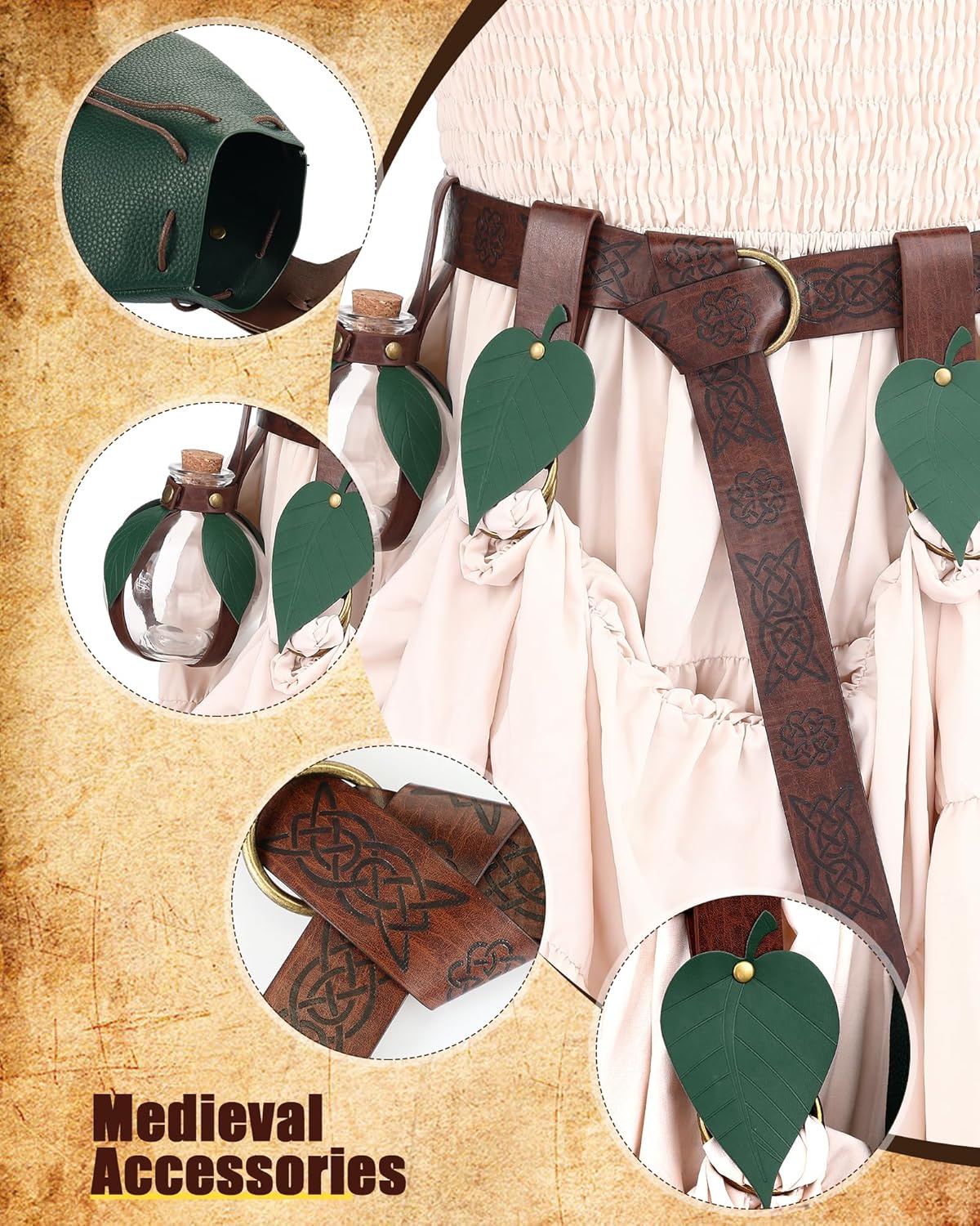 6 Pcs Women Renaissance Accessories Leaf Belt Bag Medieval Viking Belt Potion Bottles Leather Skirt Hikes - Image 4