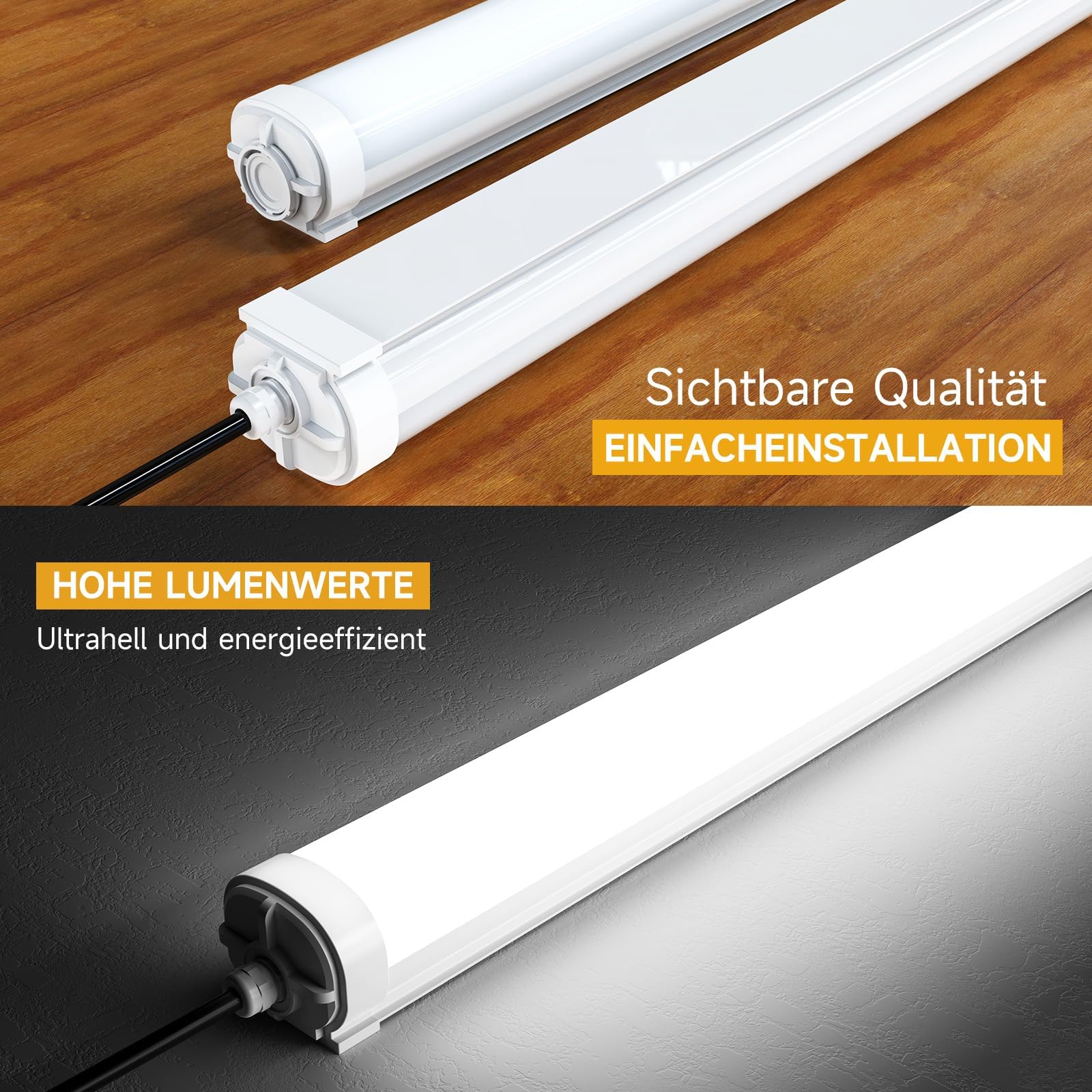 4er-Set LED Feuchtraumleuchten 150cm 45W, 4000K Neutralweiß 5620lm, IP65 Wasserdicht, Verknüpfbar, Deckenleuchte für Garage, Keller, Werkstatt, Bad & Büro