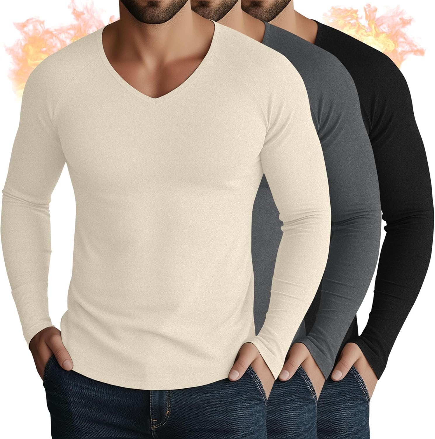 Men’s Big & Tall Thermal V-Neck Long Sleeve Shirts – 3 Pack
