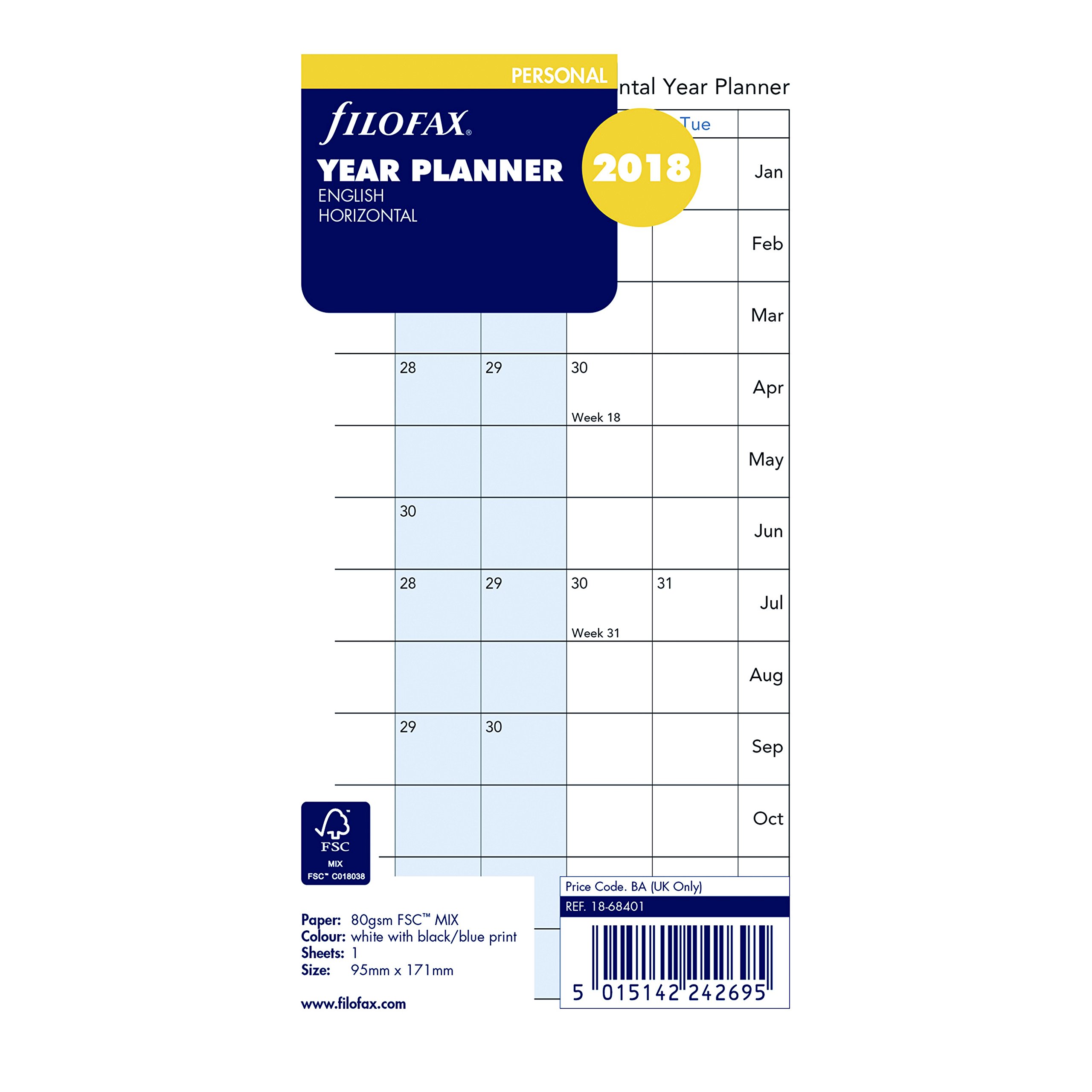 Filofax 2018 personal/Compact Full year Horizontal planner refill, Jan 2018- DEC 2018, mensile, 17,1 x 9,5 cm (C68401 – 18)