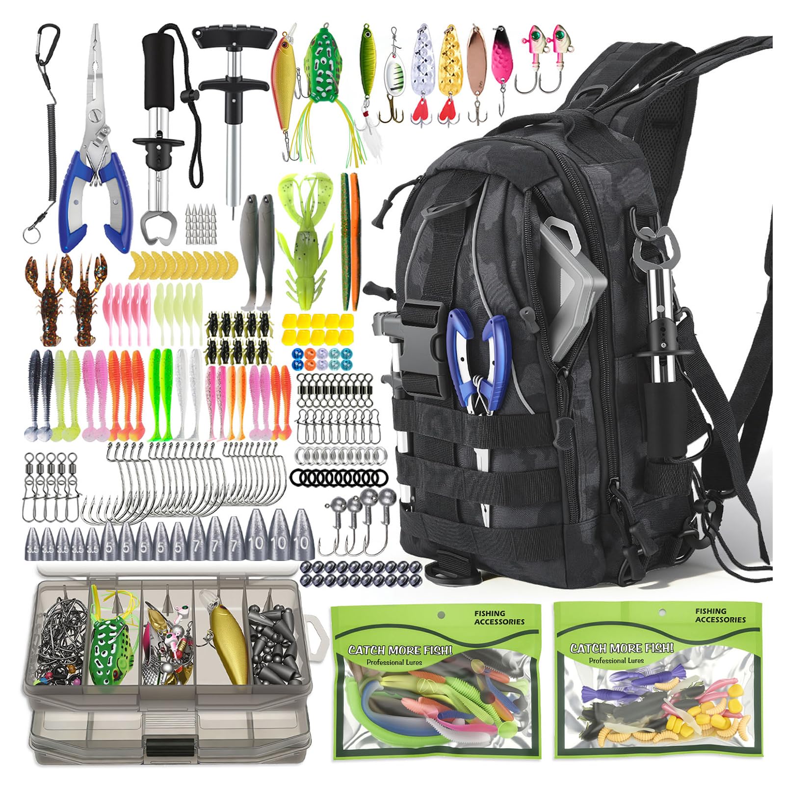 Normodic Fishing Backpack with Tackle Boxes, 208Pcs Fishing Lures Kit with Crankbaits, Pliers, Lip Clip, Hooks, Hook Remover, Accessories, Waterproof Fishing Bag, Gifts for Men Trout Bass Freshwater