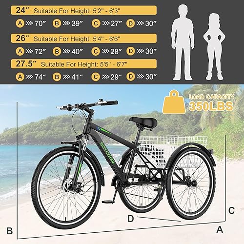 Miniatura 3 de NAIZEA Triciclo de montaña para adultos, bicicleta de crucero de 7 velocidades y tres ruedas, triciclos para adultos de 27.5 pulgadas con cesta de