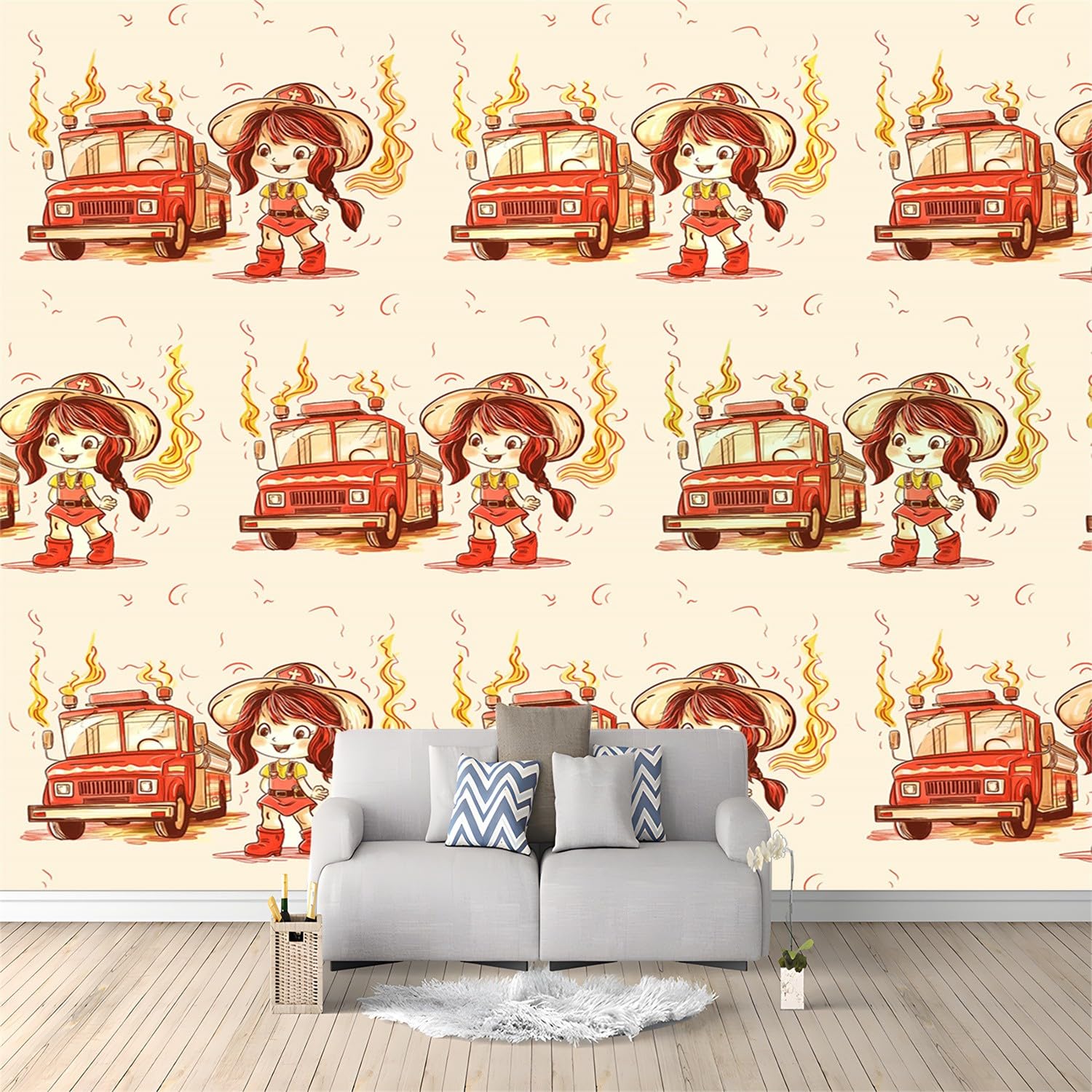 Tapeta z włókniny, motyw z kreskówki, mały strażak, 300 x 210 cm, kremowa, wodoodporna tapeta, tapeta do salonu, pokoju dziecięcego, sypialni