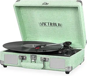 Victrola Vintage 3-Speed Bluetooth Portable Suitcase Record Player with Built-in Speakers | Upgraded Turntable Audio Sound| Includes Extra Stylus | Light Mint Green Linen