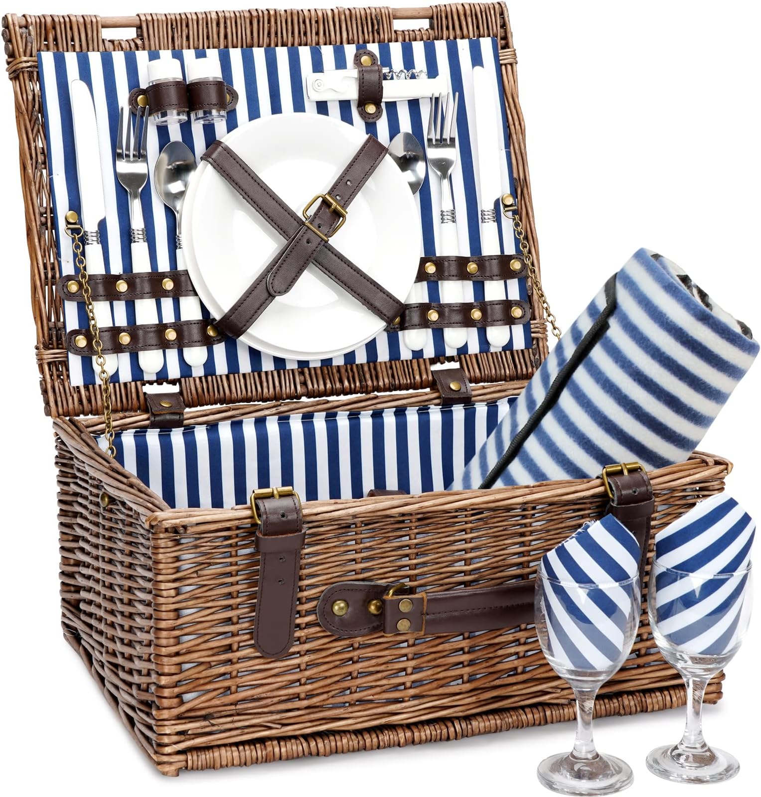 Wicker Picnic Basket for 2 with Waterproof Picnic Blanket, Picnic Set for 2 with Sand-Proof Beach Mat,Willow Hamper Service Set for Camping and Outdoor Party