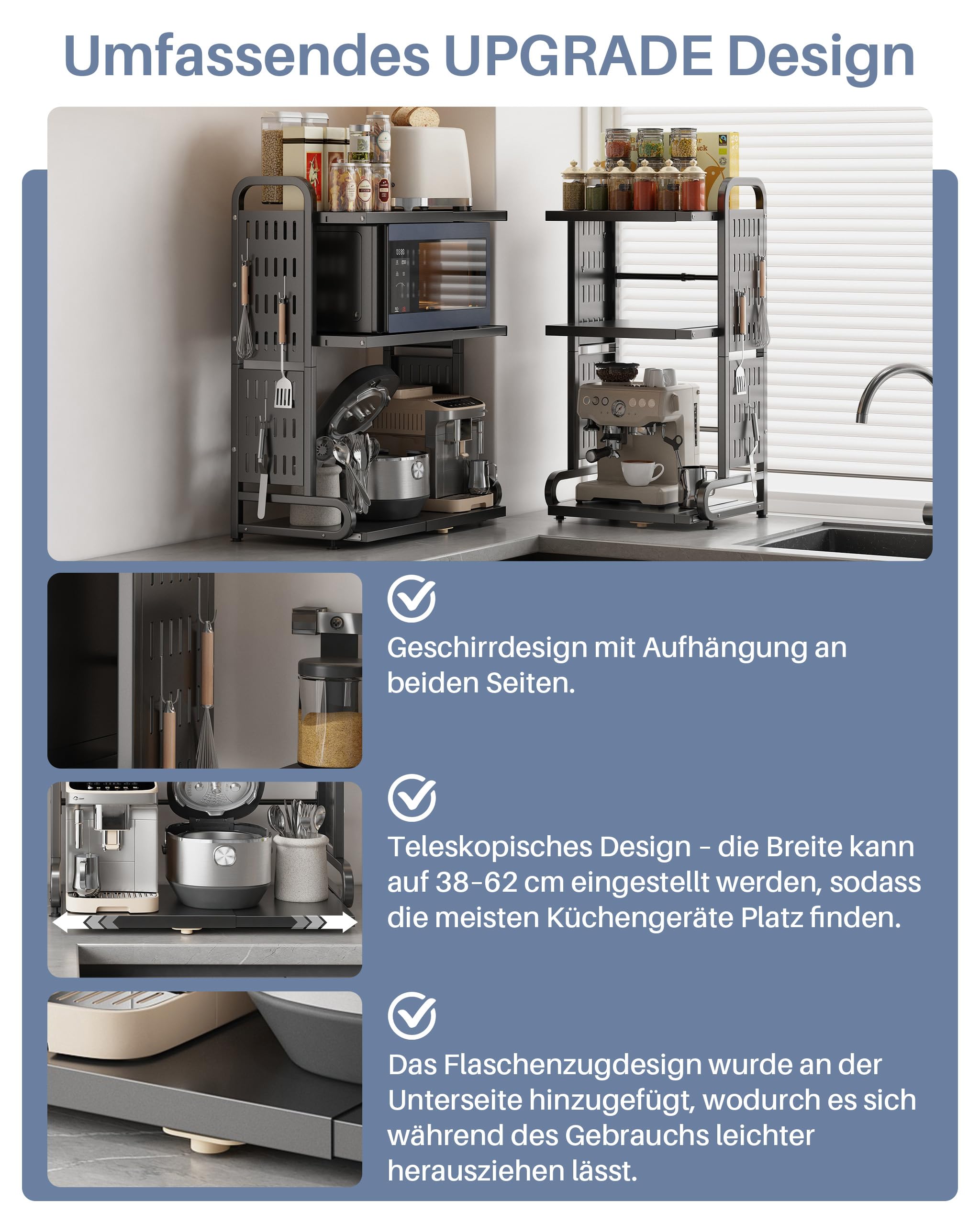 Ausziehbares Mikrowellenregal mit Schublade, 3-stöckiges Mikrowellenregal mit 6 Metallhaken, Airfryer-Gestell, Backgestell, Küchen-Arbeitsplatten-Aufbewahrungsgestell Schwarz