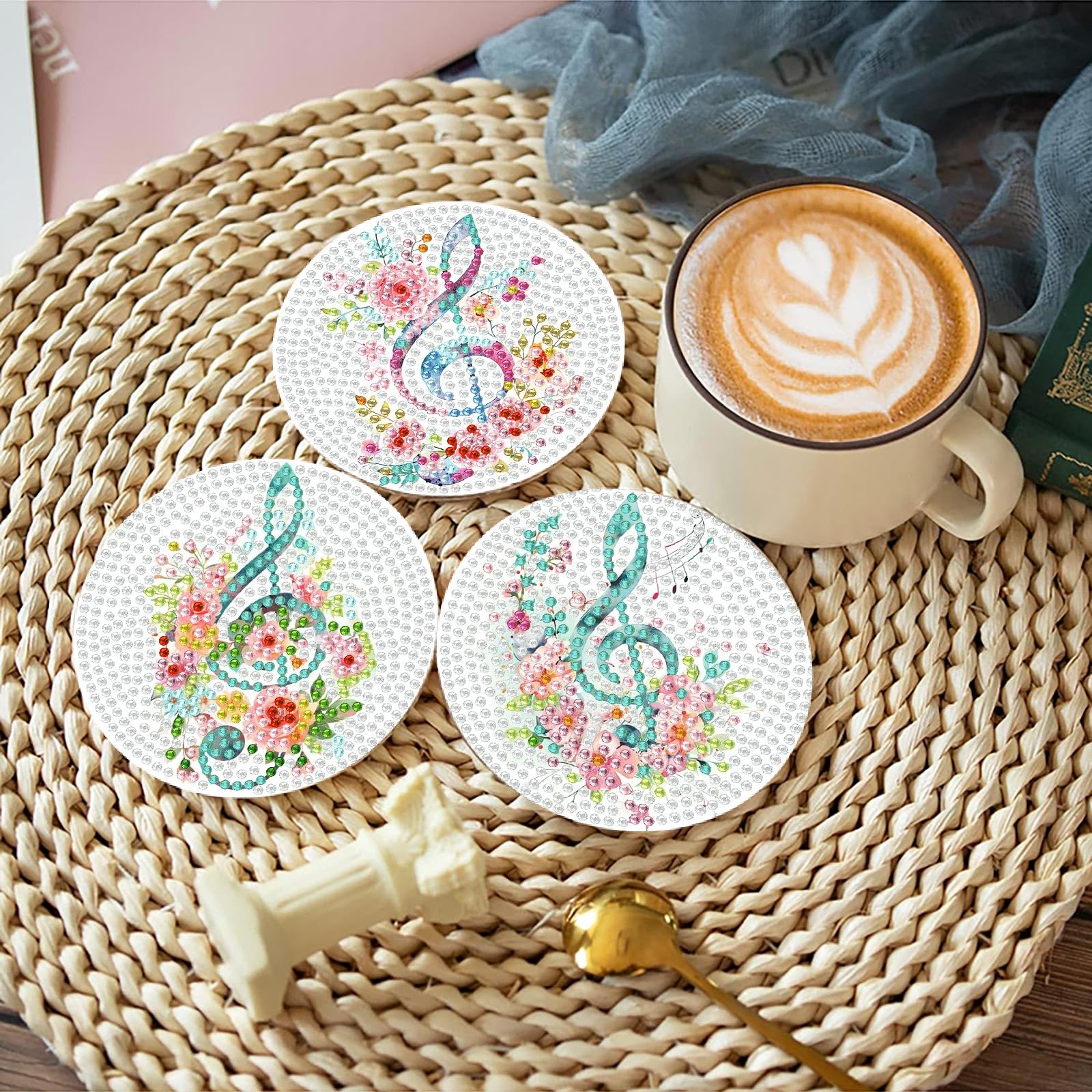Diamond Art Coasters - Floral Musical Notes -4 Diamond Art Coasters - Floral Musical Notes -4