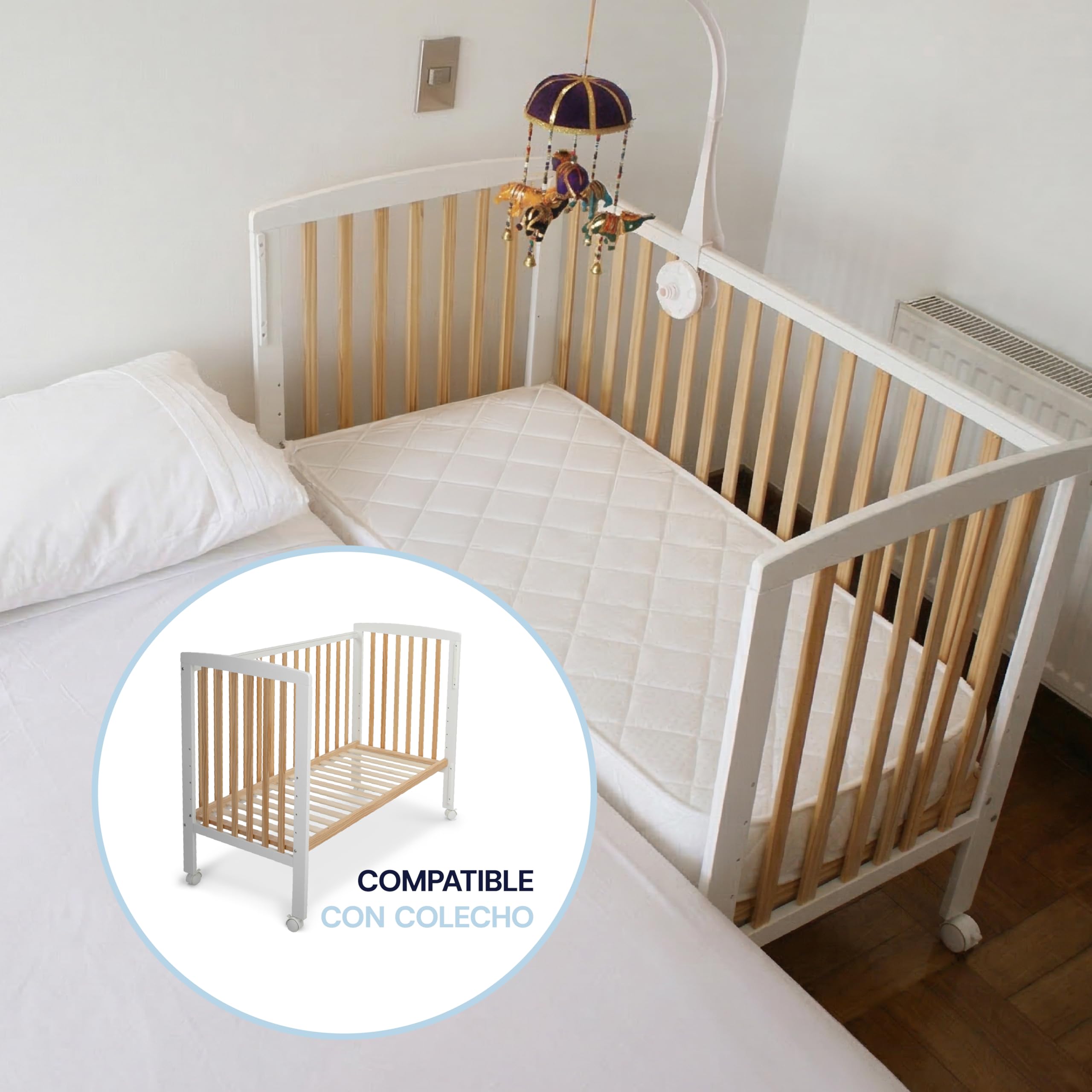 TORAL Cuna Bebe Madera Natural y Blanca - Cuna Colecho Bebe Modelo Verona - Varias Posiciones Lateral Deslizante y 5 Posiciones Somier - con Ruedas de Seguridad con Freno y Mordedor para Barandilla. — view 5