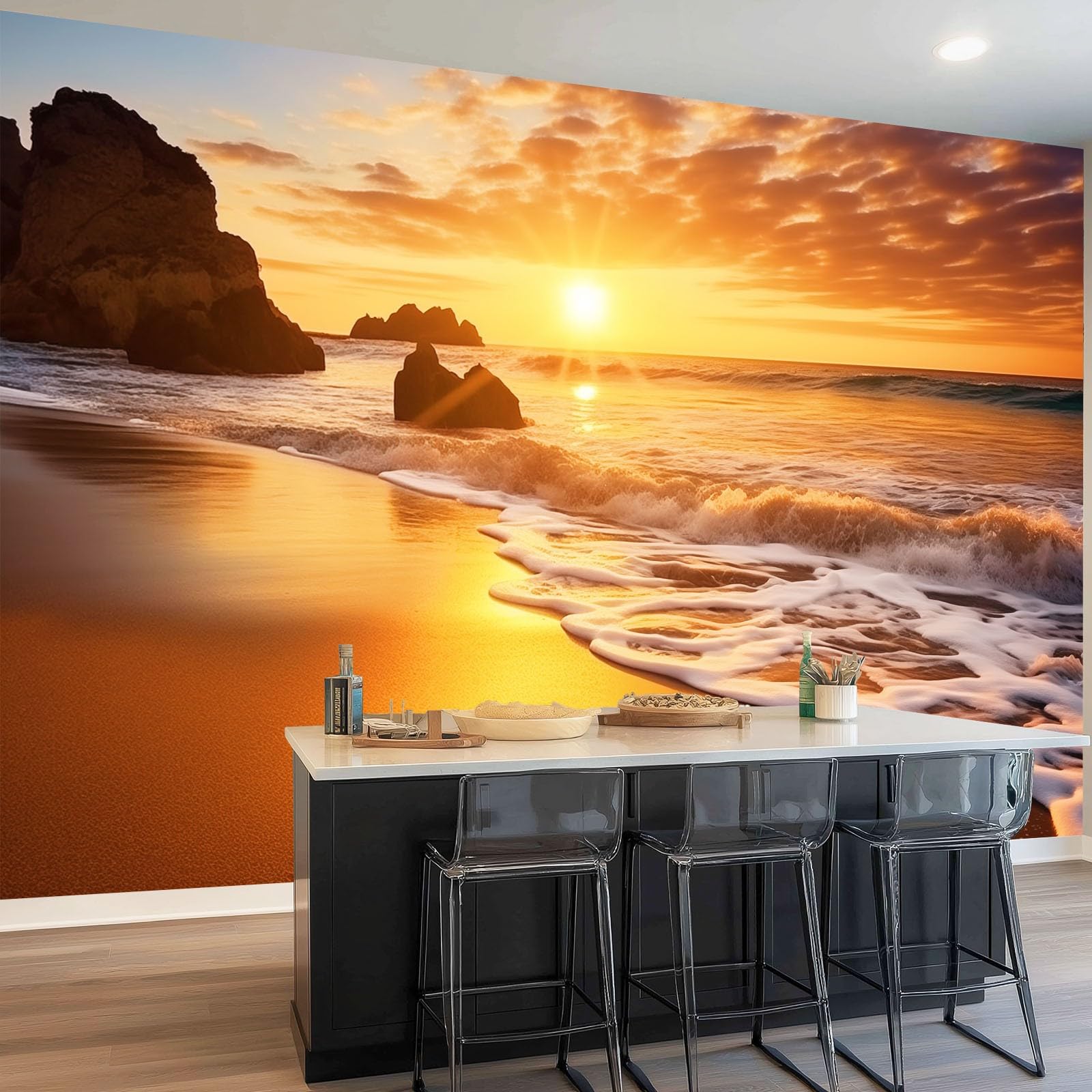 Fototapete Orange Farbe 3D EFFEKT Wandbild UV-Beständig, Natur Sonnenuntergang Strand Meer Wand Dekoration Wandtapete für Wohnzimmer Schlafzimmer Kinderzimmer, 300 x 210 cm