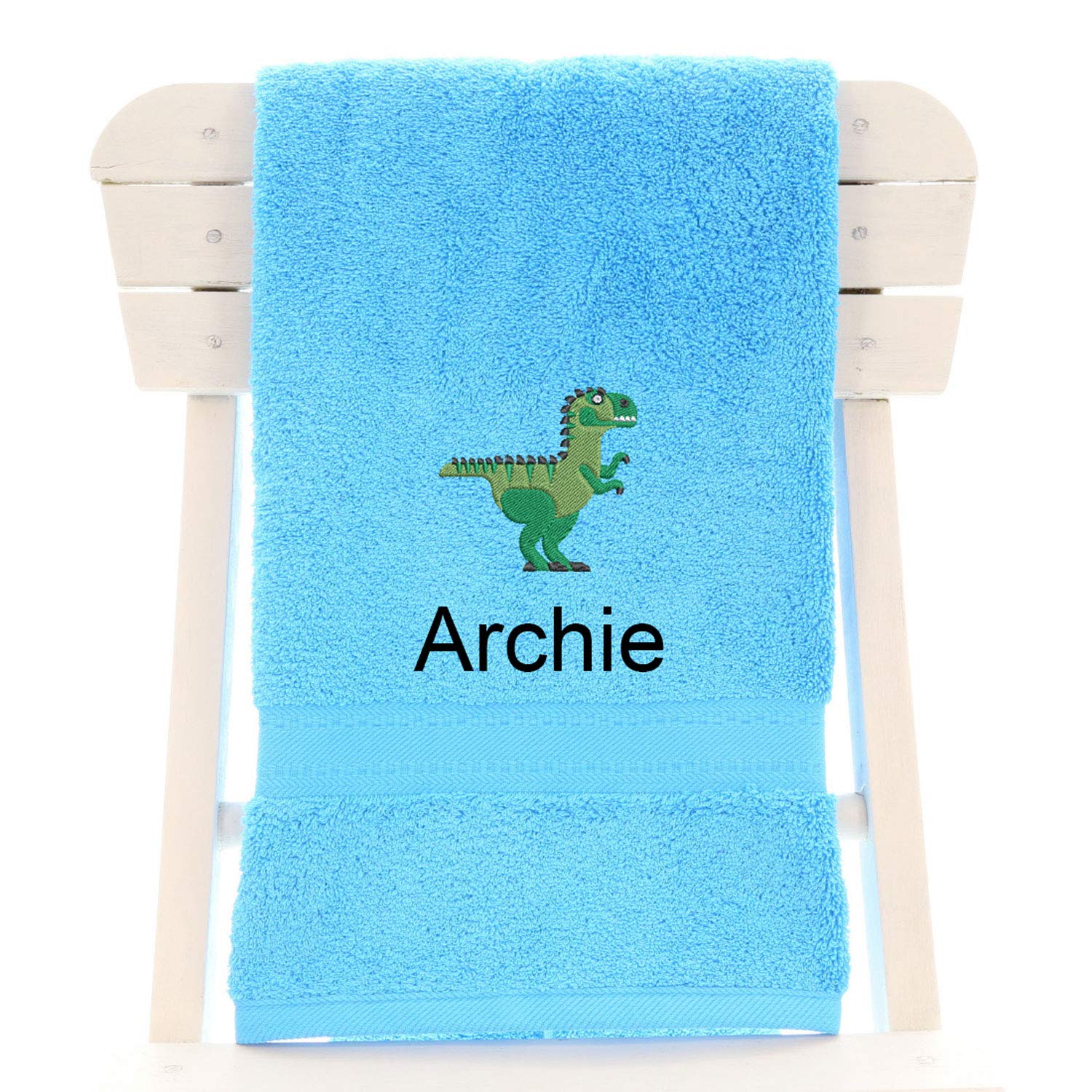 aztex Personalised Children's 100% Cotton Bath Towel with Dinosaur Logo & Name, 550gsm, 70cm x 130cm - Turquoise