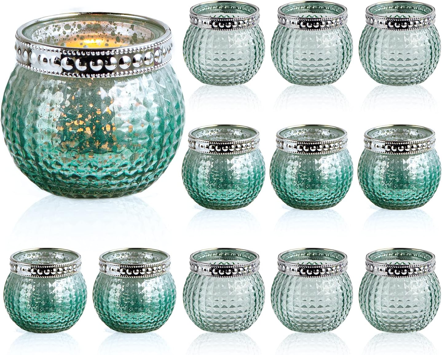 Set of 12 Small Glass Votives, Tealight Candle Holders 2.3"/5.9cm High, Mixed Green Color, Wedding Votives ,Vintage Boho Glass Candle Holders for Table Centerpiece Home Decor (Mint Green-12 Pack): Kitchen & Dining