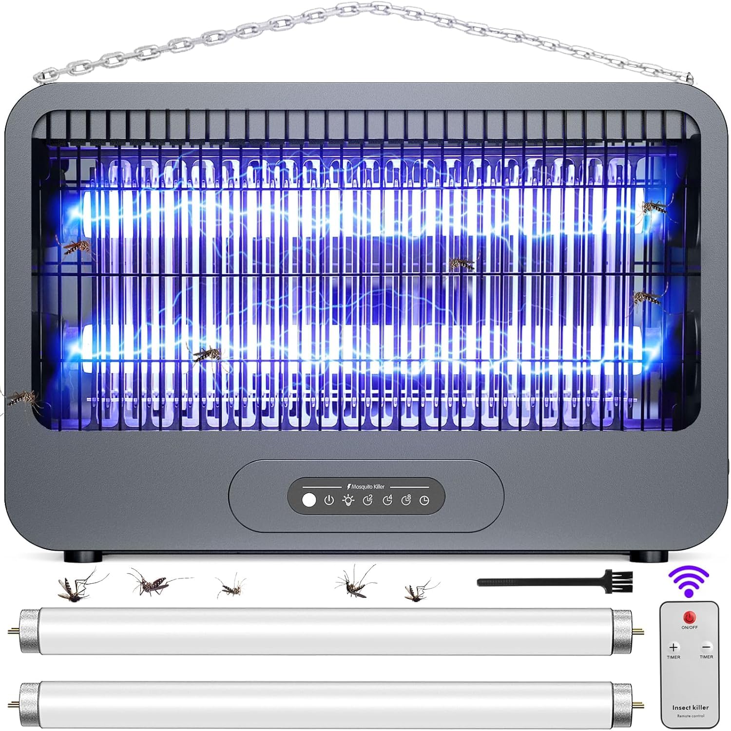 Lampa przeciw komarom 3500 V, UV elektryczna zabija na muchy 20 W, lampa przeciw muchom z metalowym łańcuchem i pilotem, do użytku wewnątrz i na zewnątrz, sypialni, kuchni, podwórza i ogrodu (100m²)