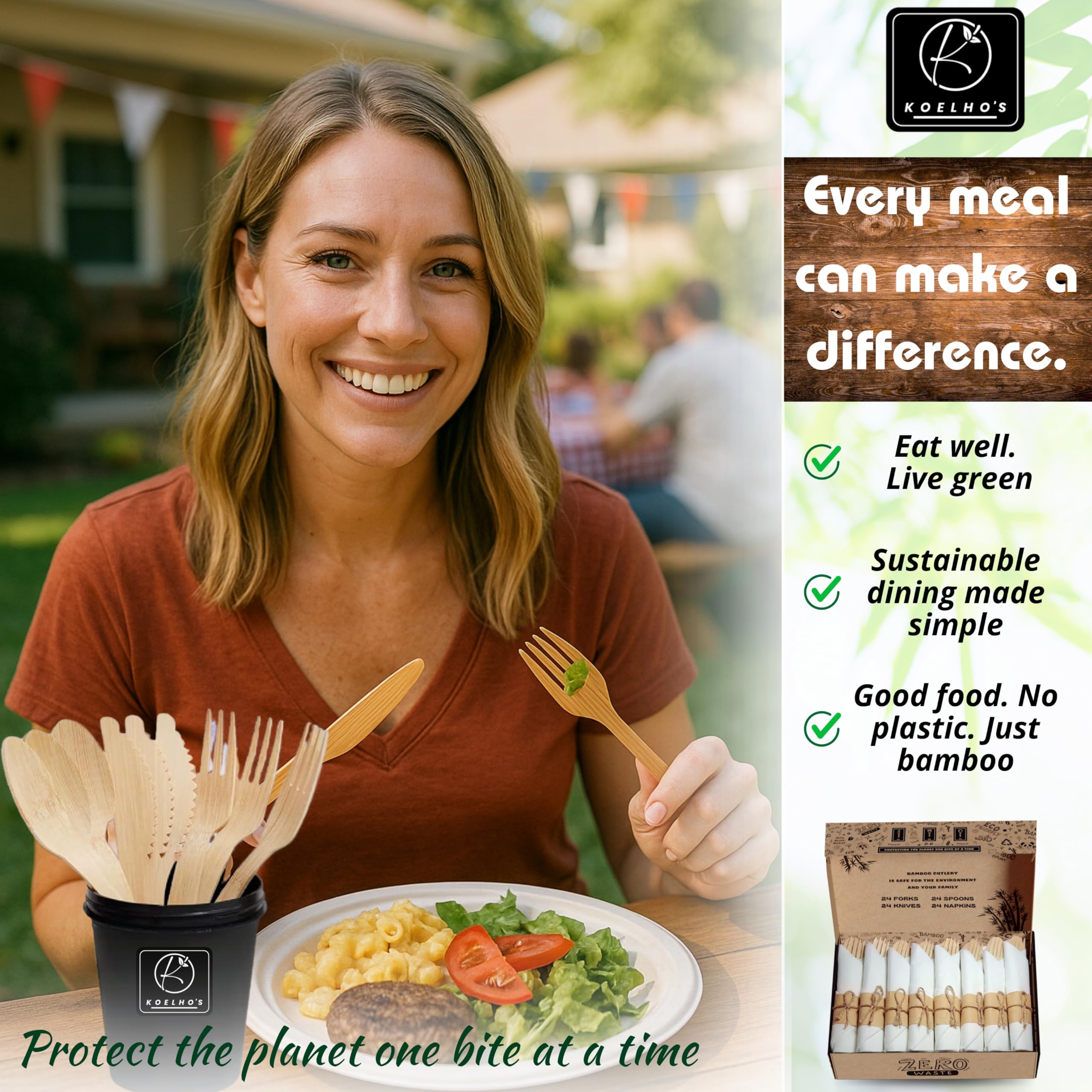 KOELHO'S Juego de 24 cubiertos de bambú, juego de cubiertos preenvueltos, desechables, 100% naturales, juego de utensilios de bambú desechables, cubiertos de bambú, cubiertos compostables