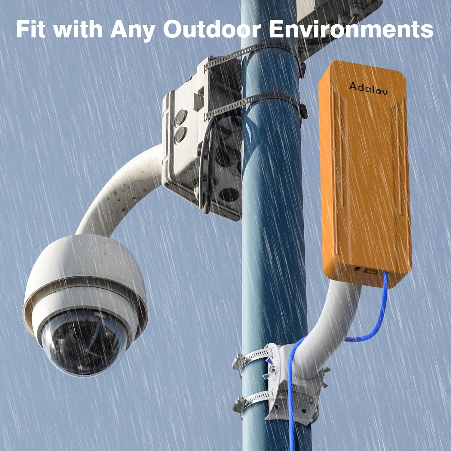 Image showing the AdaLov CPE469 mounted outdoors in rainy weather, with text 'Fit with Any Outdoor Environments'.
