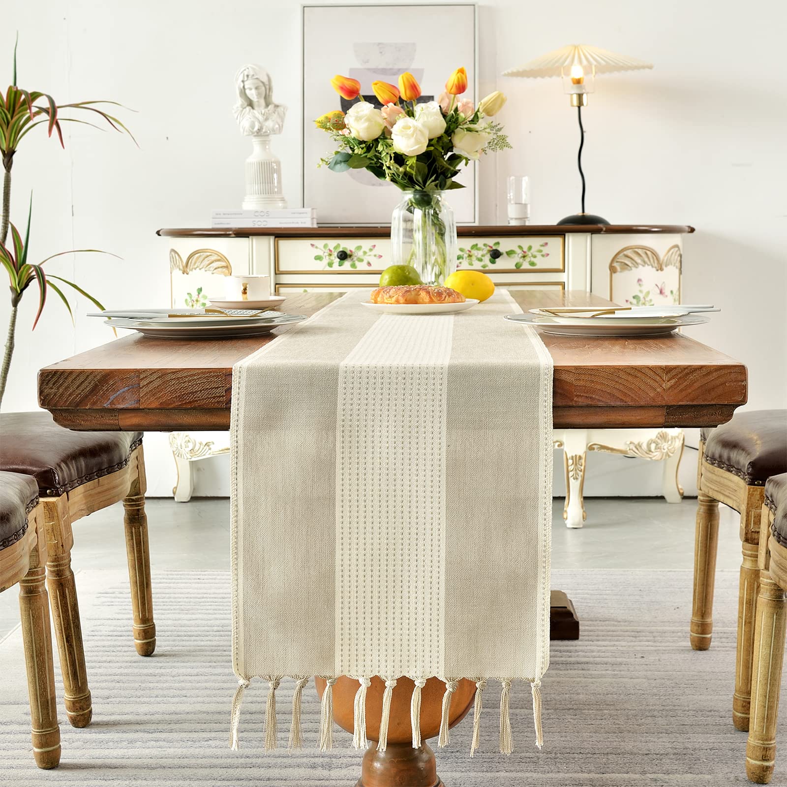 Wracra Runner da tavolo Macramè in lino e cotone, Runner da tavolo Caffè 275cm di lunghezza con nappe a mano, Runner da tavola in stile rustico per feste e uso quotidiano (Caffè Chiaro, 275cm)