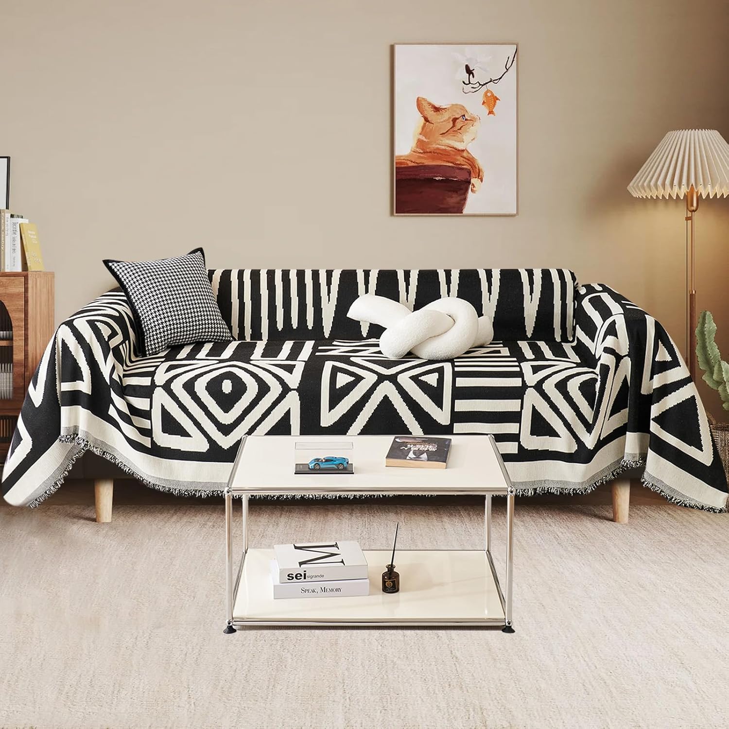 71" x 118" Chenille Couch Cover with Black Geometry Pattern for Sectional Sofa Loveseat Futon L Shaped Cover Reversible Sofa Slipcover Non Slip Sofa Cover Pet Cat Protector Washable