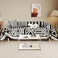 71" x 118" Chenille Couch Cover with Black Geometry Pattern for Sectional Sofa Loveseat Futon L Shaped Cover Reversible Sofa Slipcover Non Slip Sofa Cover Pet Cat Protector Washable