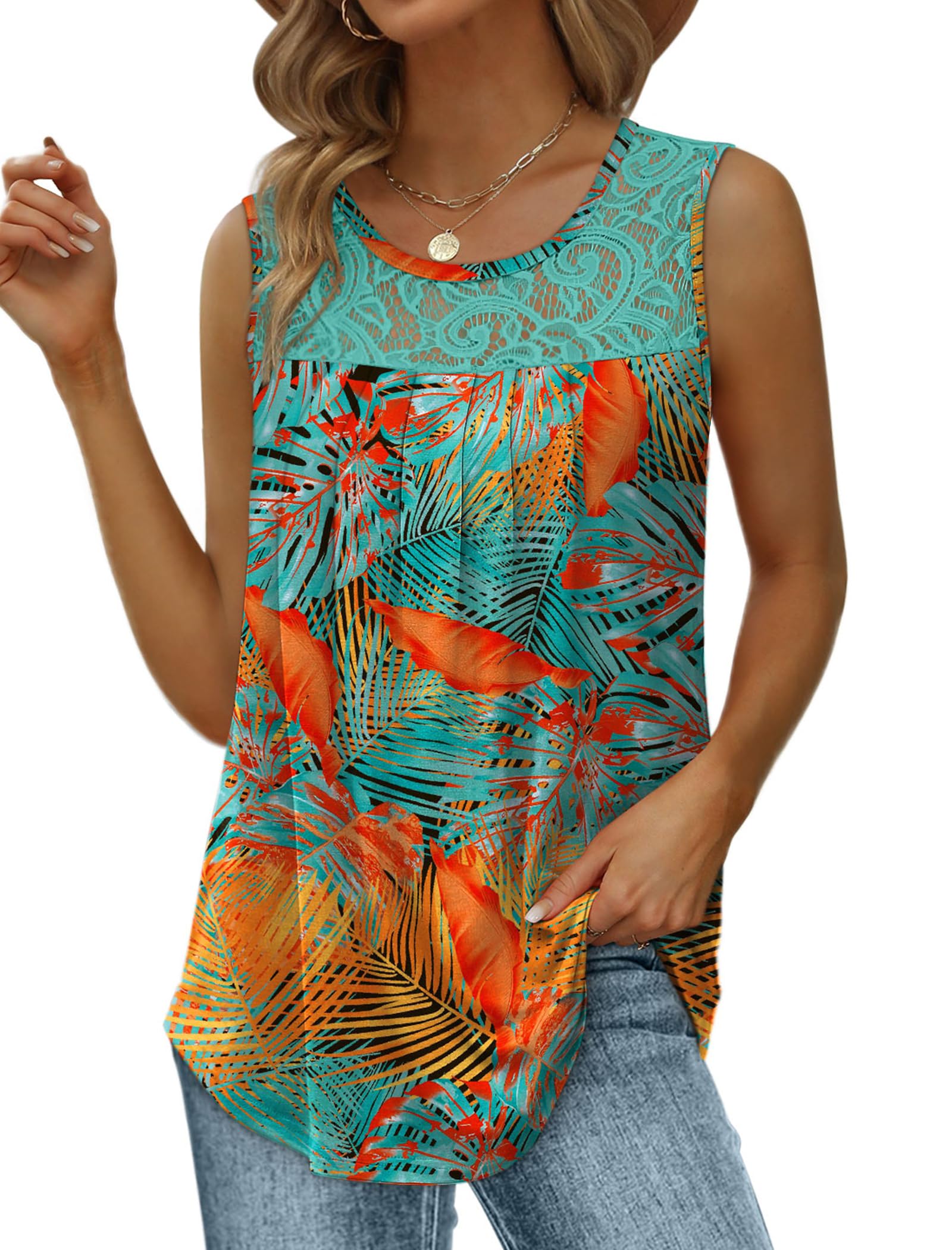 Saloogoe Summer Tank Tops for Women Loose Fit Pleated Tunics Scoop Neck Sleeveless Lace Tops Curved Hem Flowy
