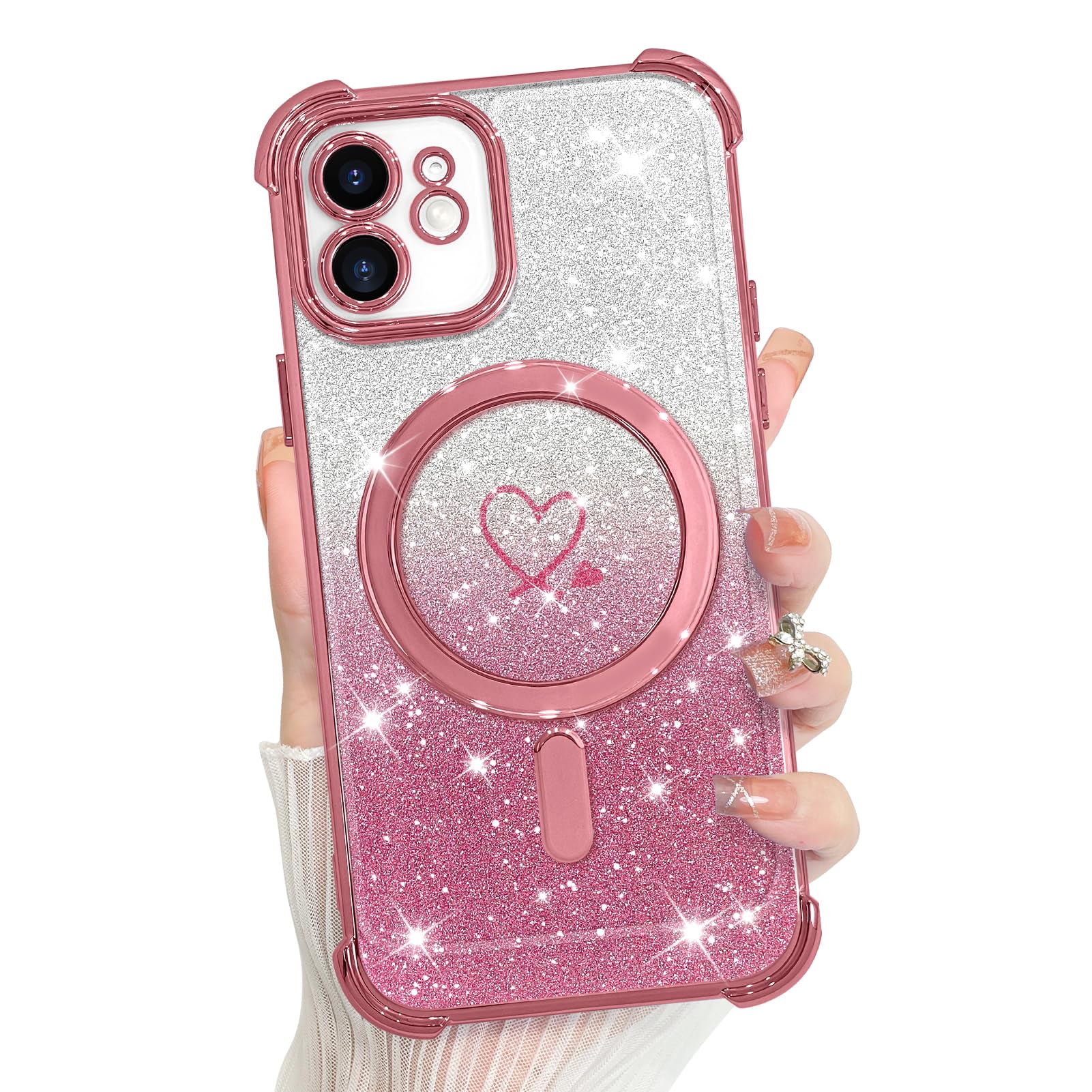 kanghar for iphone 12 case, support for magsafe [four corner cushion series] love heart pattern electroplate edge shockproof durable full body protection for girls women -pink