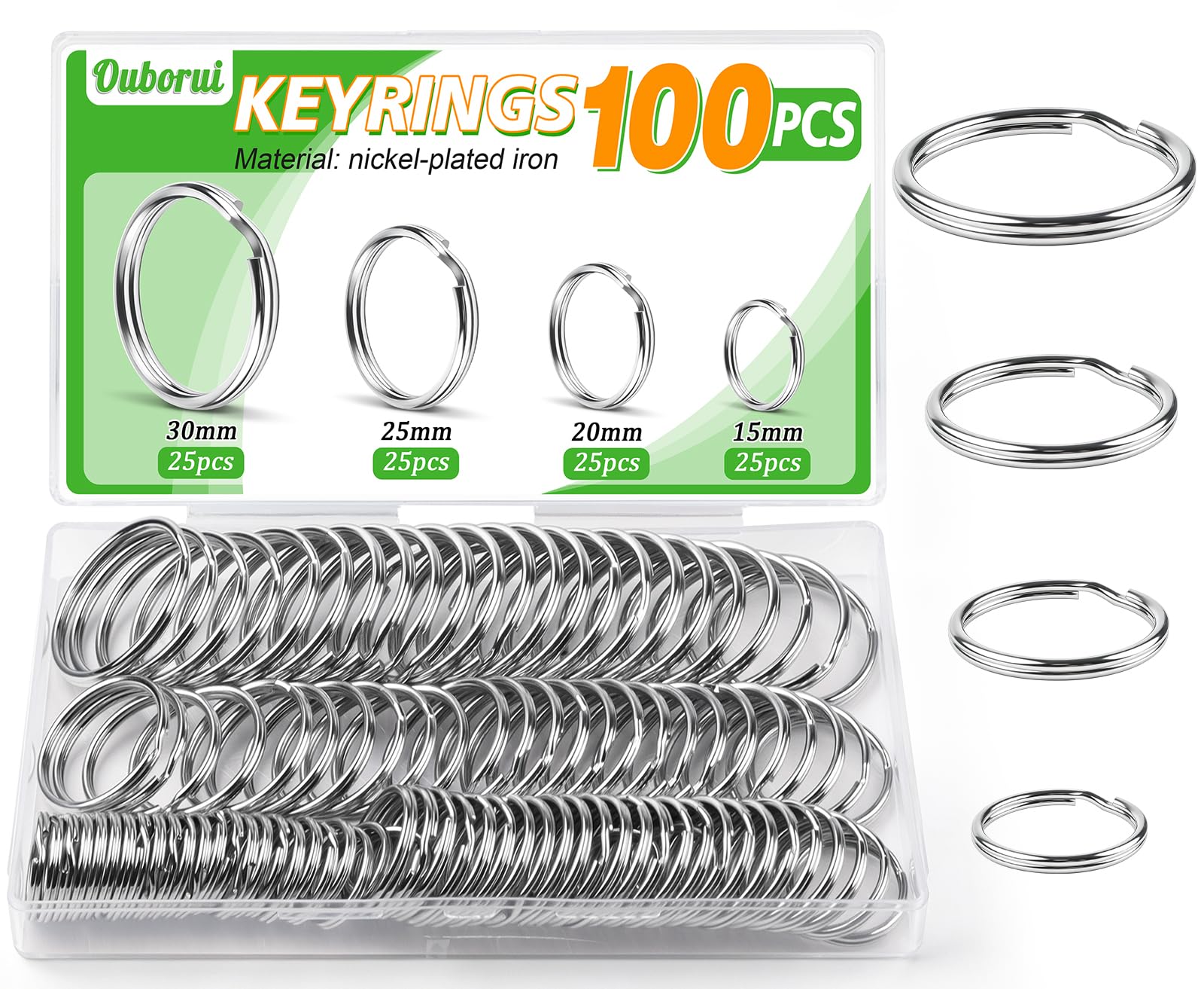 Ouborui 100 Pcs Keyrings 4 Sizes 15/20/25/30mm Key Ring Hoops