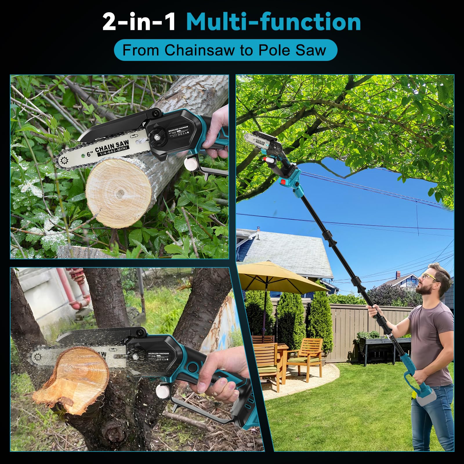 Akku Hochentaster für Makita 18V Batterie (Ohne Akku), 6 Zoll Profi-Astsäge Ast Kettensäge mit Verlängerungsstange, Arbeitshöhe bis 4,5m(Stangenlänge 2,5m), Ideal für Garten und Astschnitt