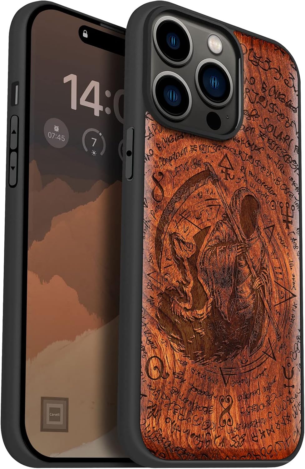 Carveit Magnetic Wood Case for iPhone 14 Pro Max [Natural Wood & Black Soft TPU] Shockproof Protective Cover Unique Wooden Case Compatible with magsafe (The Grim Reaper of Carved -Rosy)