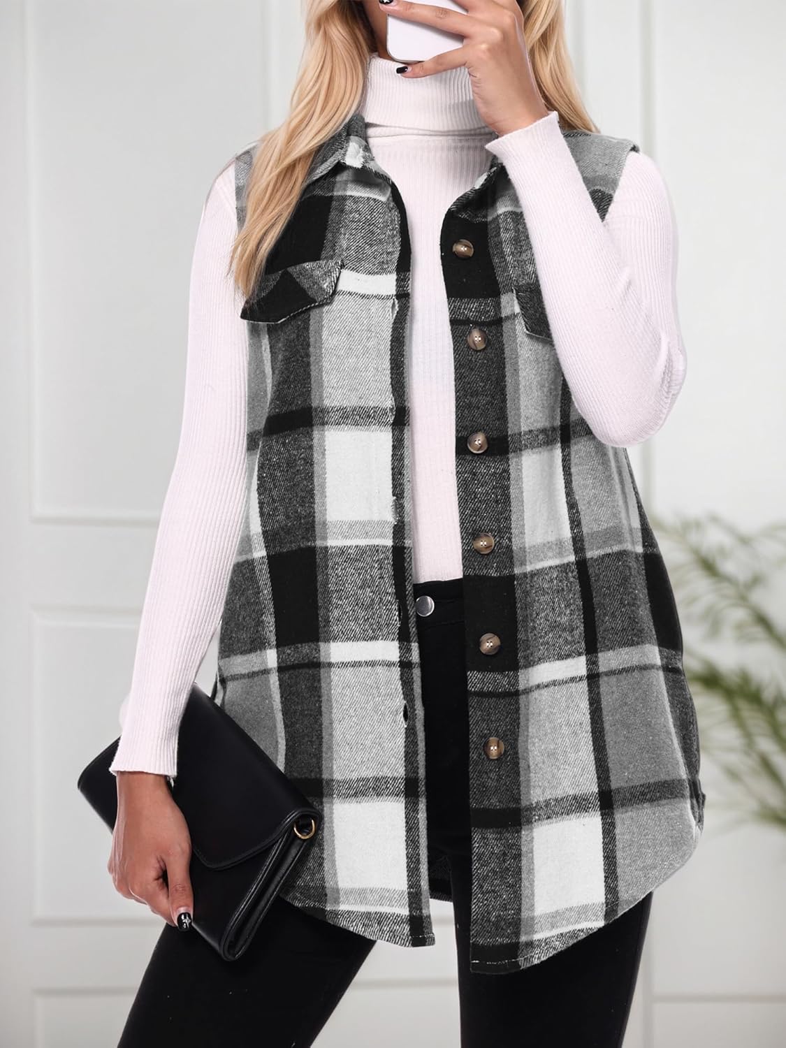 Am Direct Women's Plaid Flannel Sleeveless Shacket Button Down Vest Shirt Jacket With Pockets - Image 3